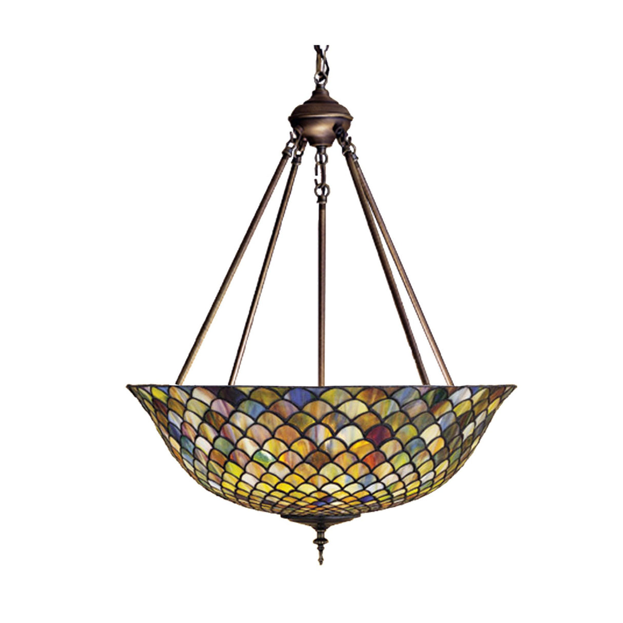 detailed view of mauve, beige, and green glass on tiffany fishscale inverted pendant.