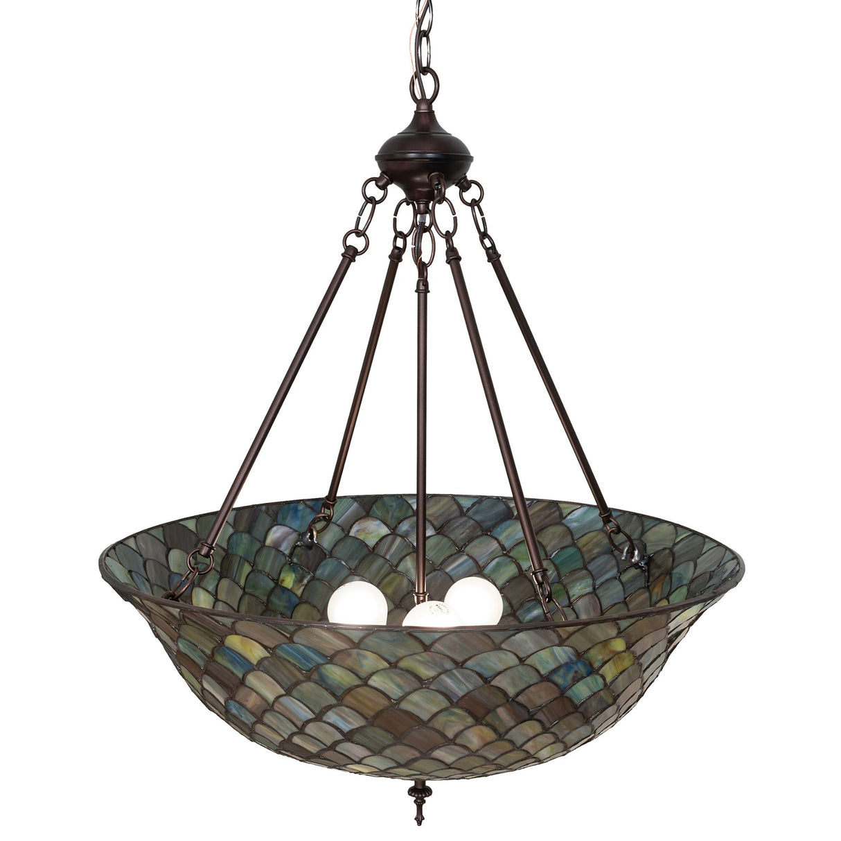 Elegant 24" Tiffany Fishscale inverted pendant chandelier with a beautiful mosaic glass shade.