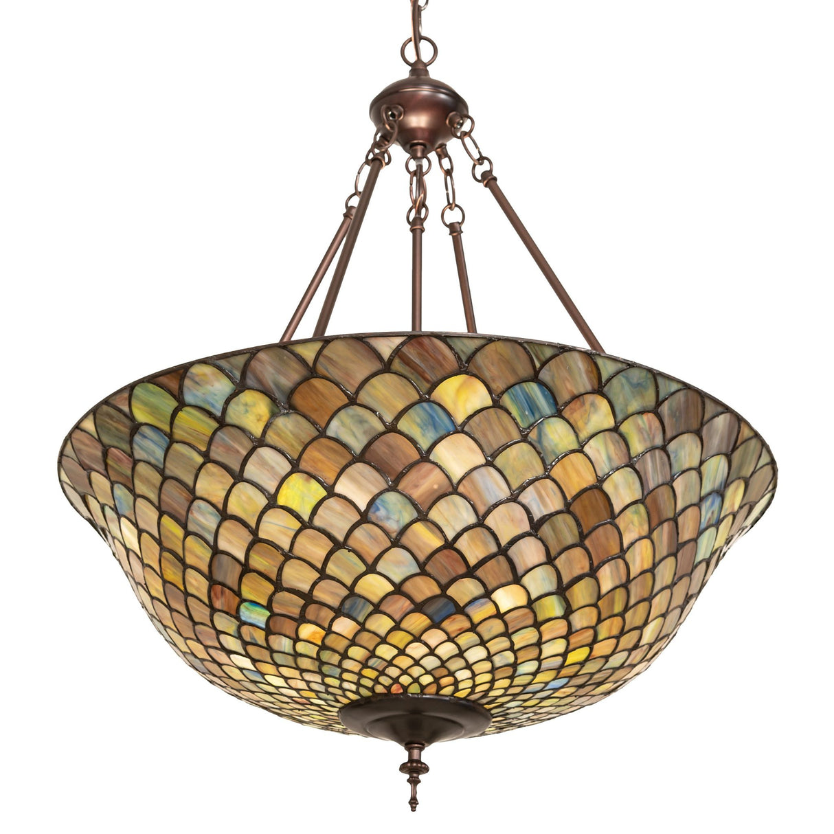 Full display of the inverted pendant suspended with bronze chains.