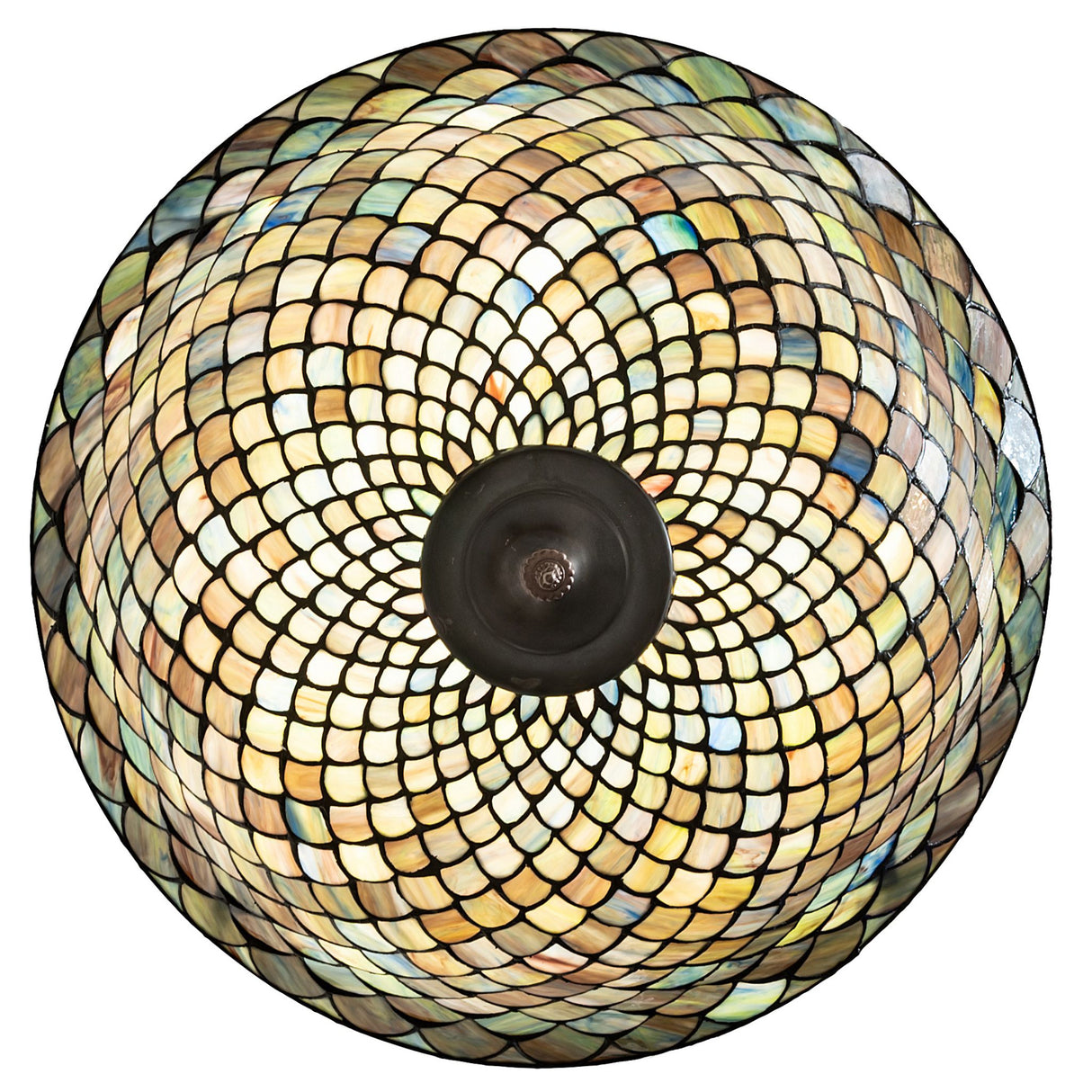 Top view of the Tiffany pendant emphasizing the mounting and chain.