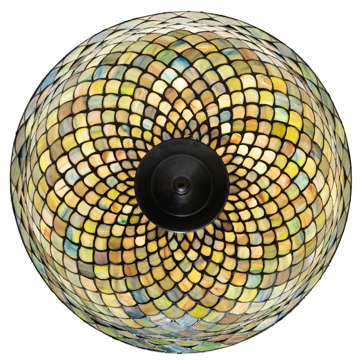 Bottom view of the Tiffany Fishscale semi-flushmount with its vibrant colors.