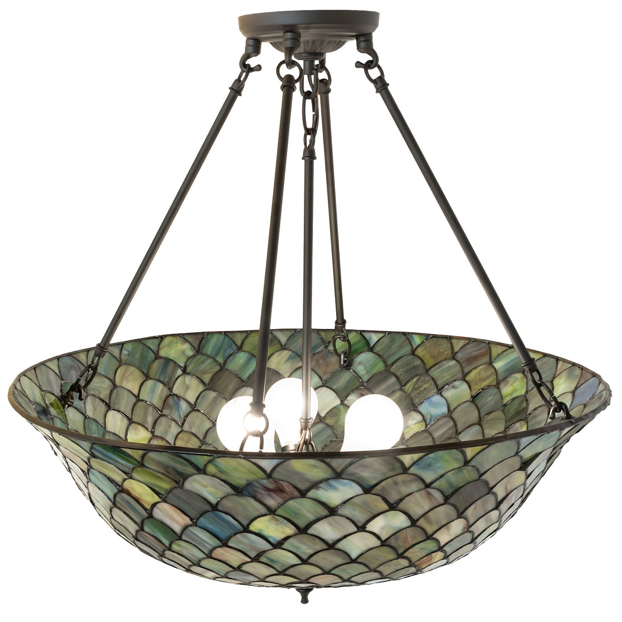 Interior view of the Tiffany Fishscale semi-flushmount with exposed bulbs.