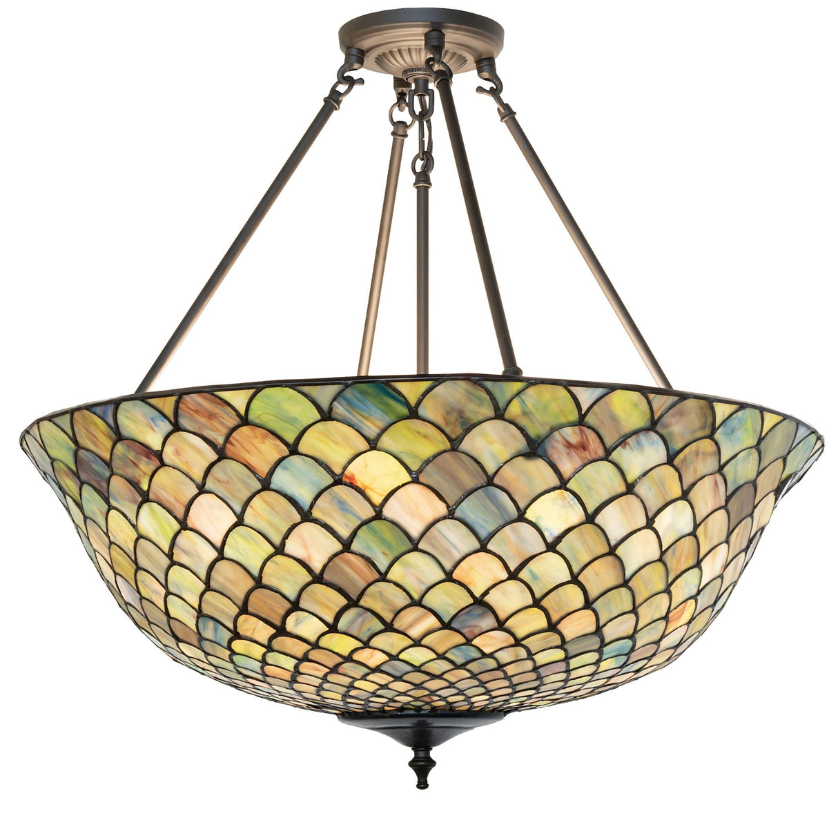 Decorative Tiffany Fishscale semi-flushmount with a colorful art glass shade.