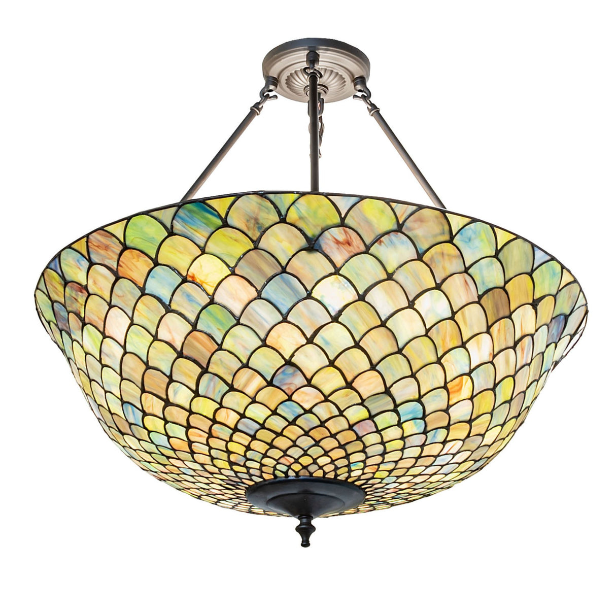 Closeup of the illuminated Tiffany Fishscale semi-flushmount.