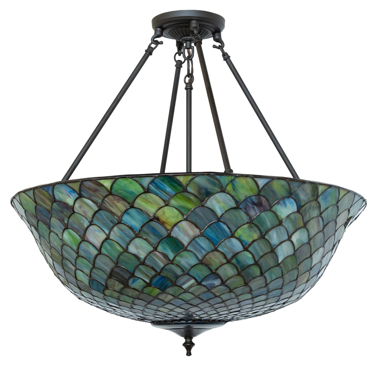 Side view of the Tiffany Fishscale semi-flushmount showcasing its colorful pattern.