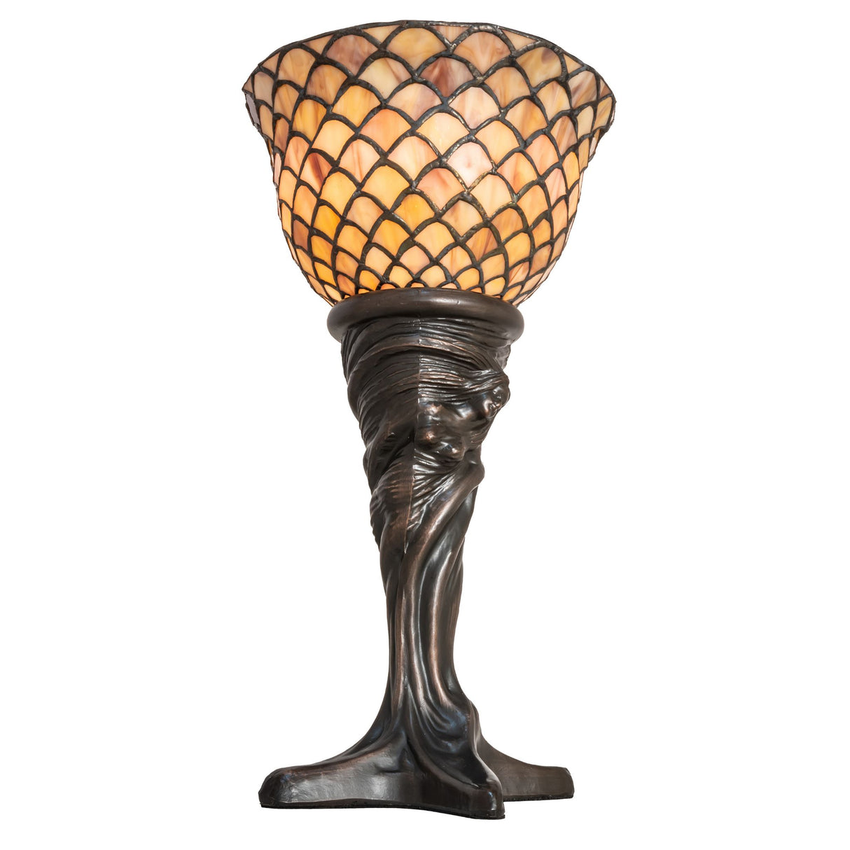 Angled view of the lamp highlighting its ornate base.