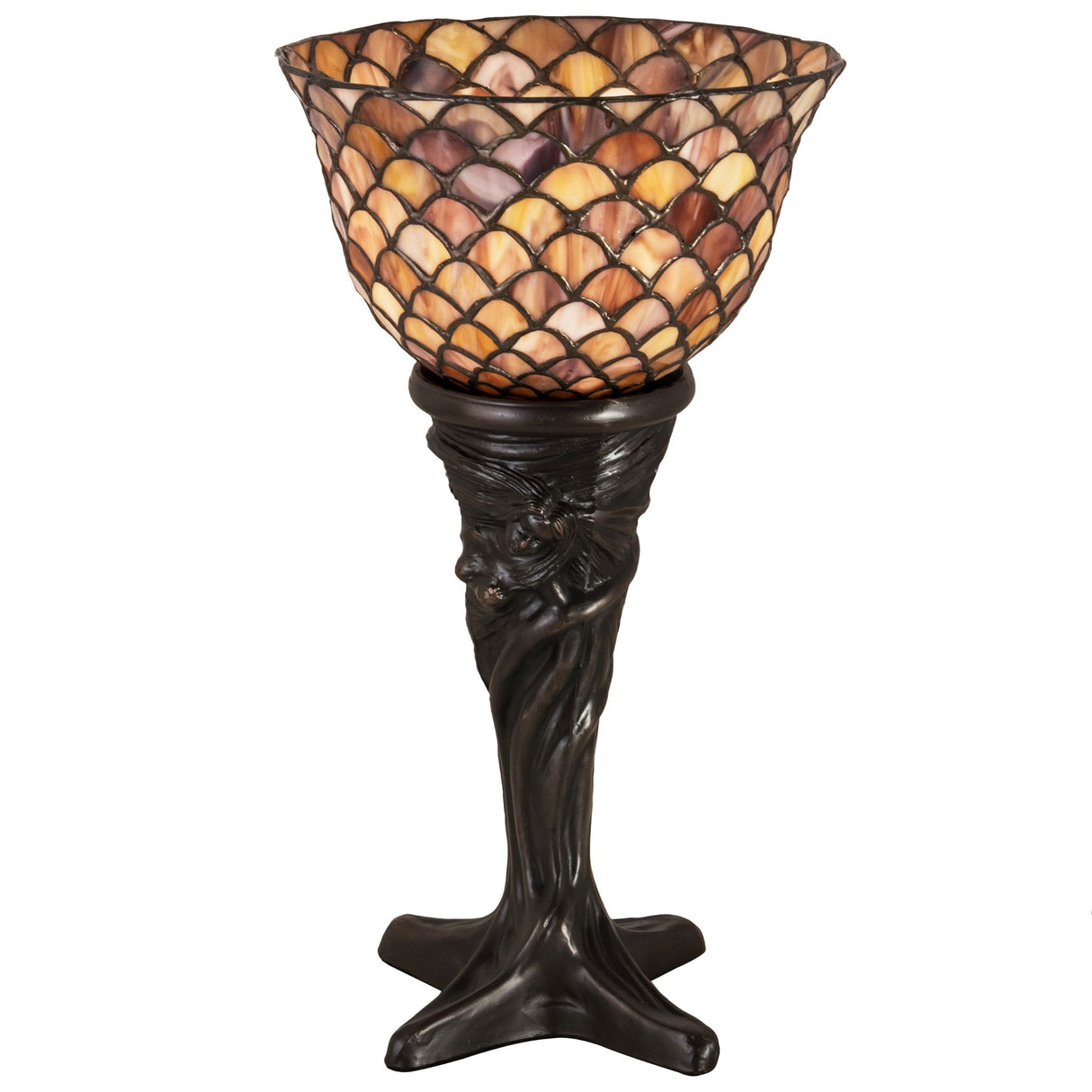 Full view of Tiffany Fishscale Mini Lamp with stained glass shade.