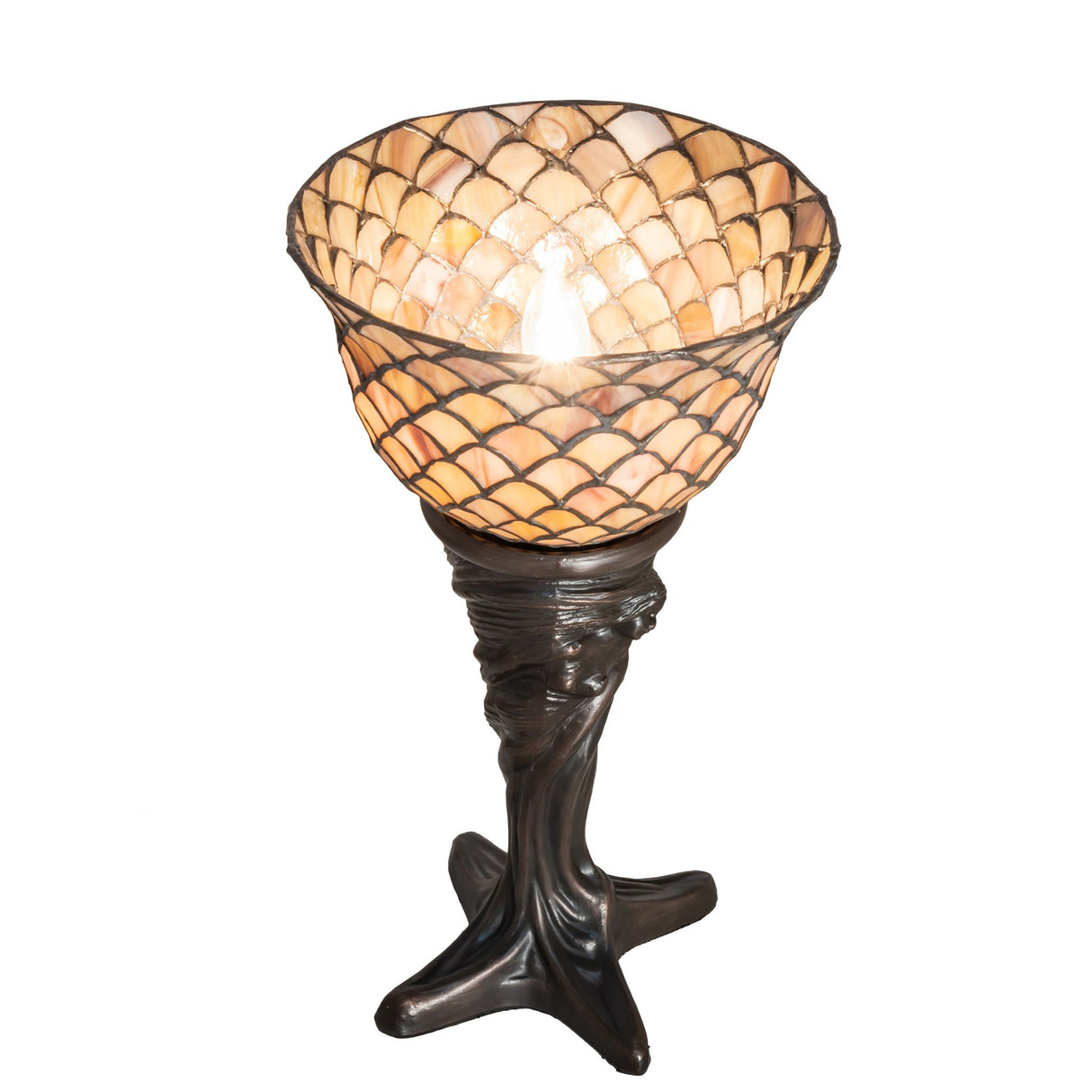 Illuminated Tiffany Fishscale Mini Lamp with warm stained glass glow.