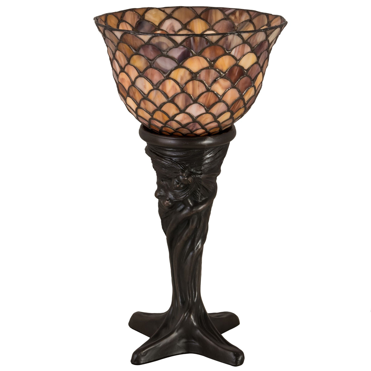 Side view of Tiffany Fishscale Mini Lamp with detailed bronze base.