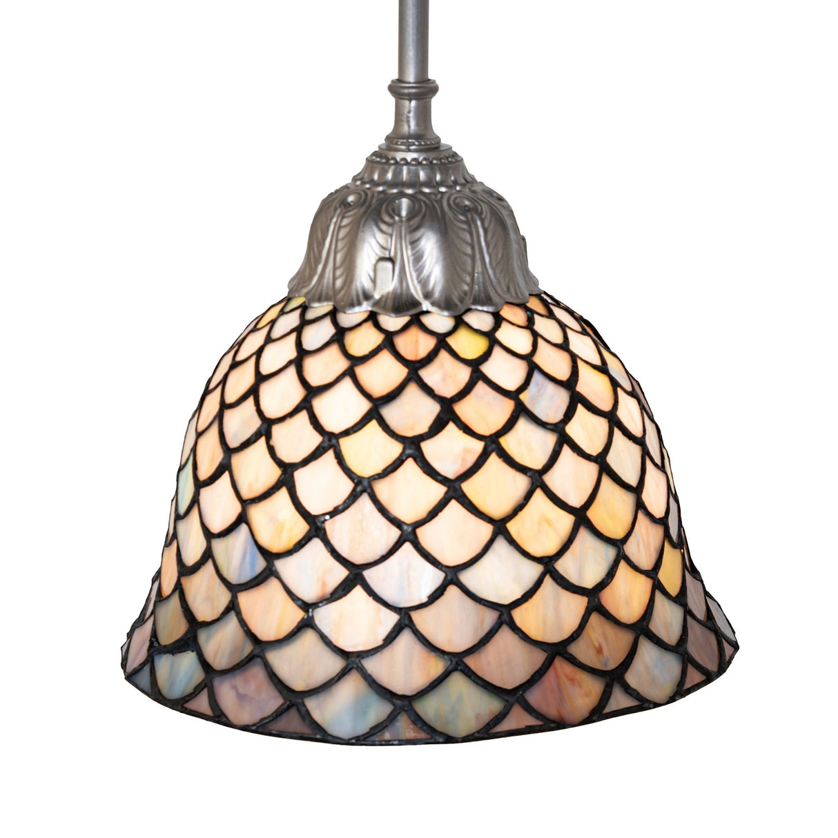 Artistic closeup of Tiffany Fishscale pendant with textured art glass.