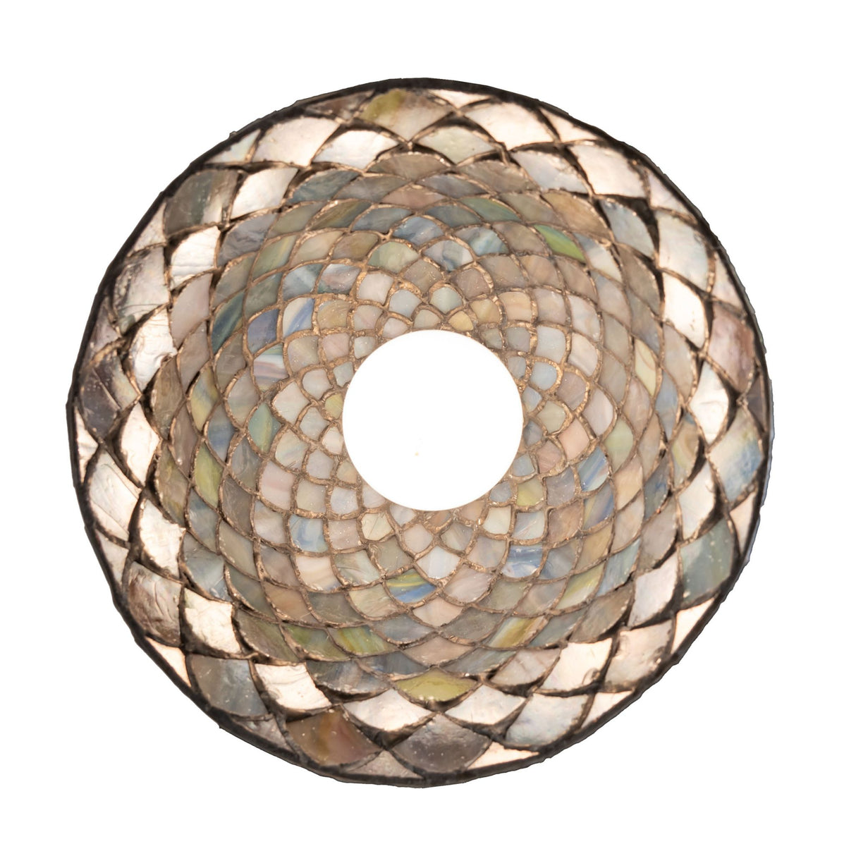 Bottom view of the Tiffany Fishscale Mini Pendant displaying its dimensional glass pattern.