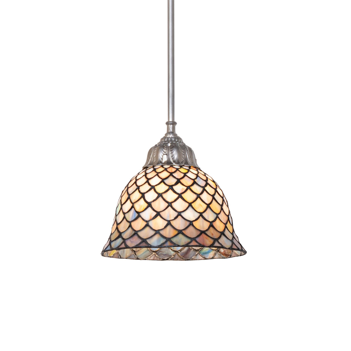 Tiffany Fishscale mini pendant showcasing vibrant glass colors.