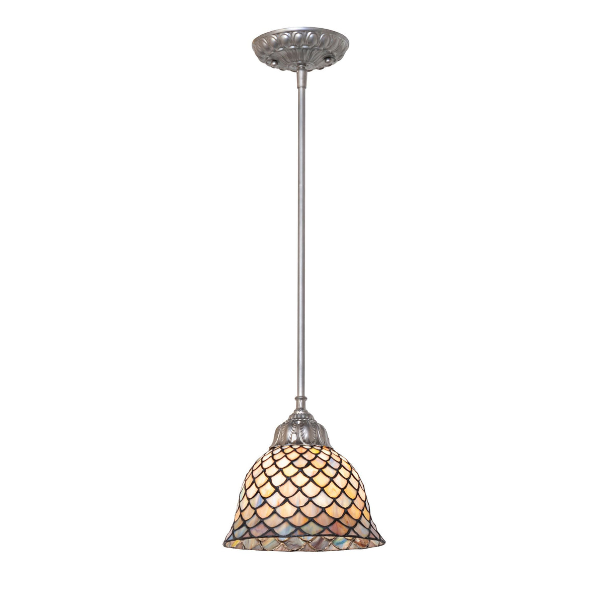 Hanging perspective of Tiffany Fishscale mini pendant in Nickel finish.