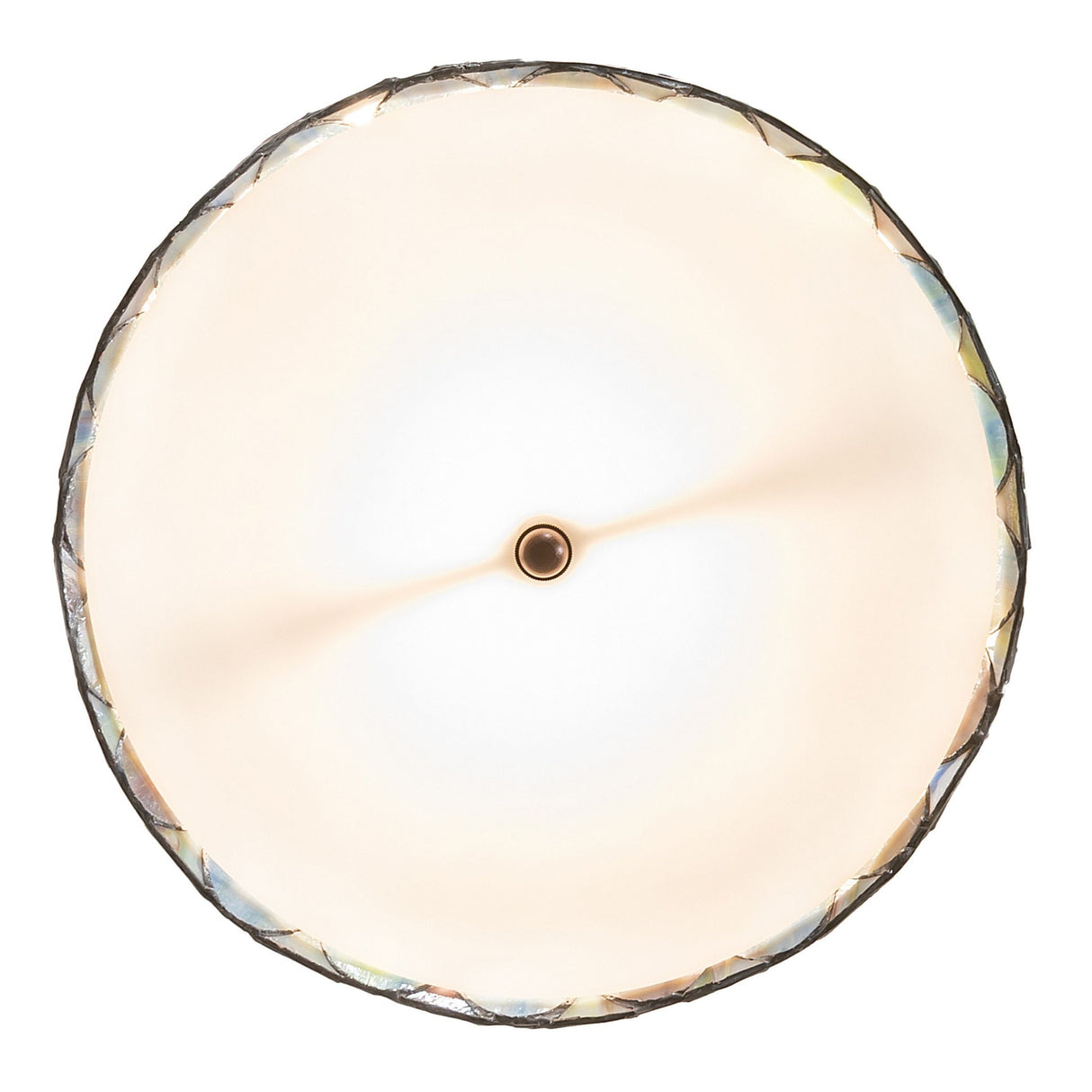 bottom view of tiffany fishscale pendant with multicolored art glass and bronze hardware.