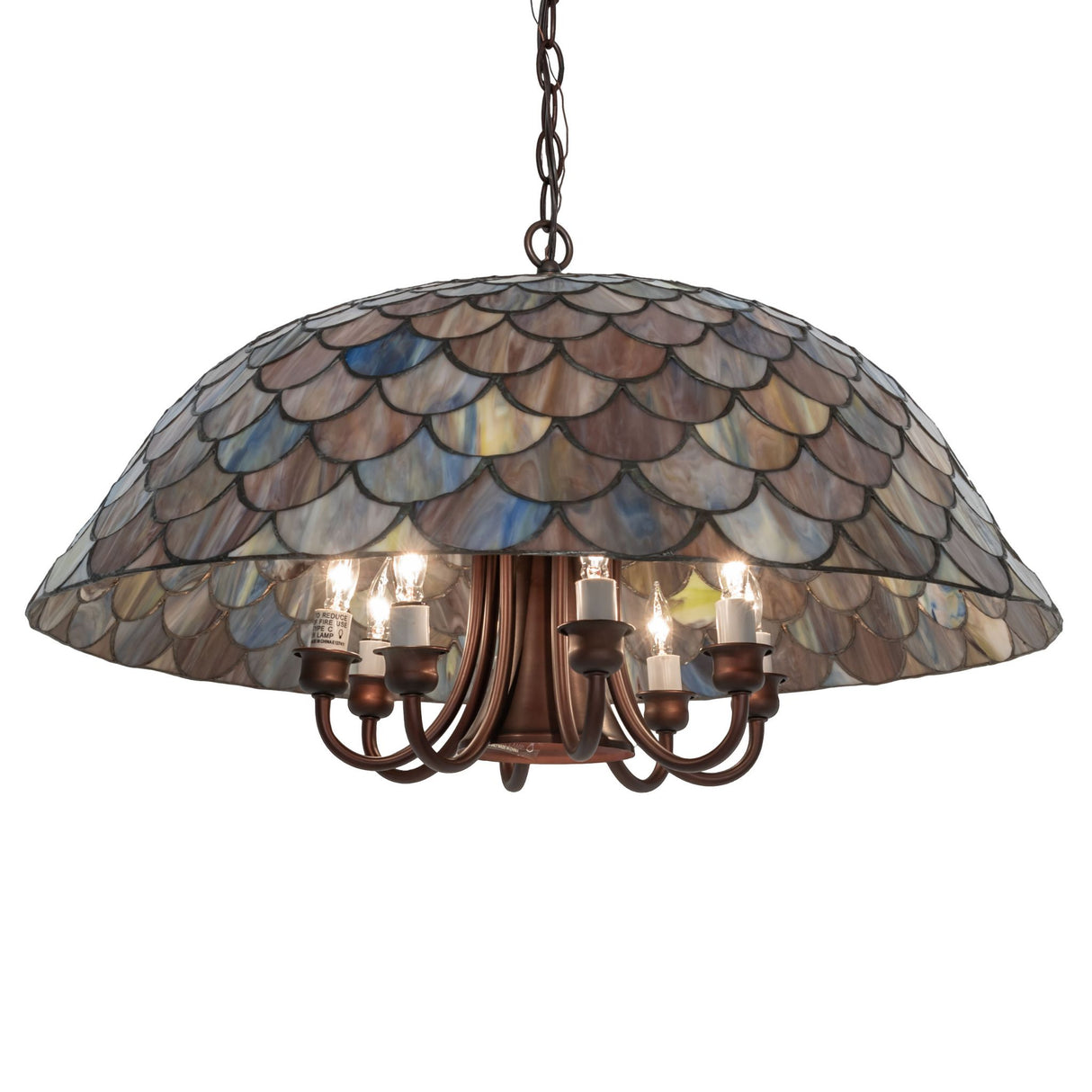 Tiffany Fishscale Pendant with bulbs exposed.