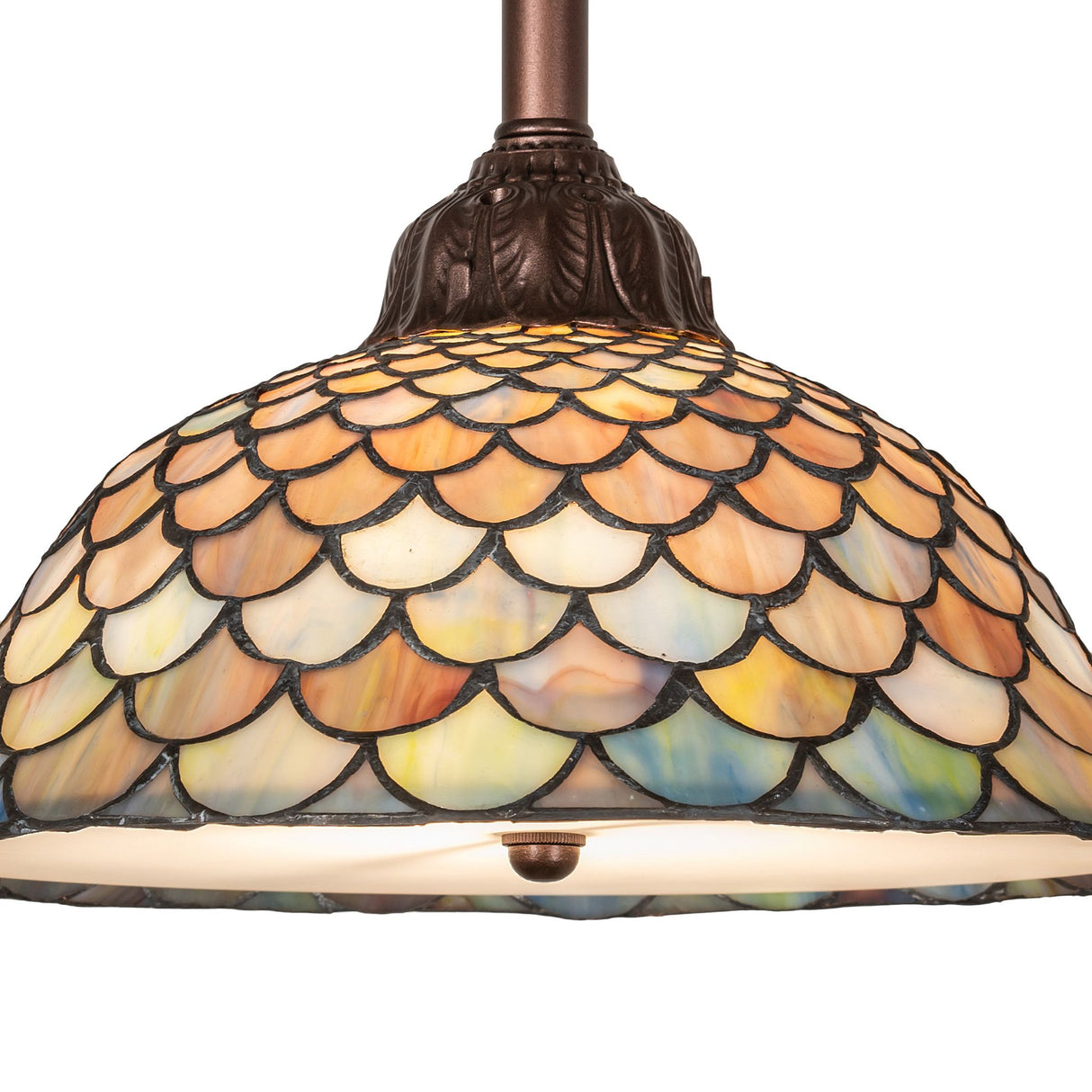 closeup view of tiffany fishscale pendant highlighting multicolored glass craftsmanship.
