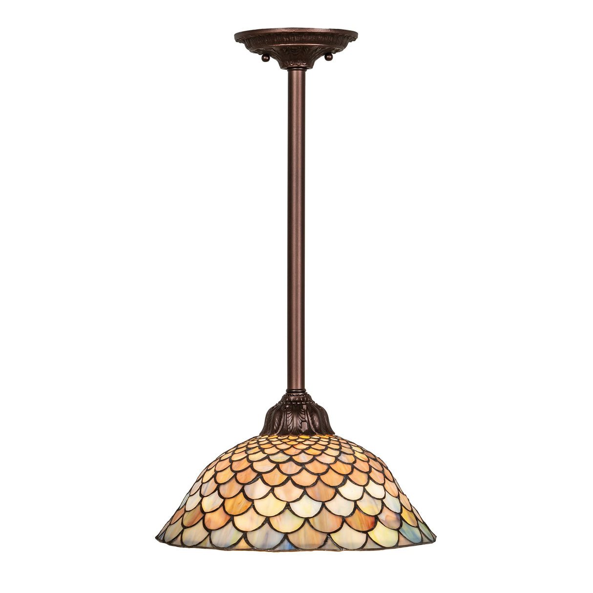 detailed view of emerald, mauve, and beige art glass on tiffany fishscale pendant.