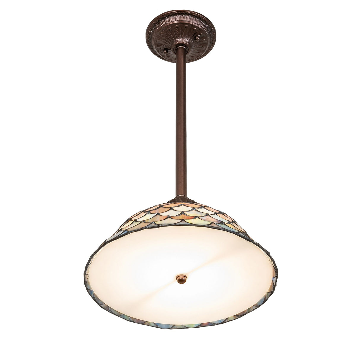 top-bottom view of tiffany fishscale pendant highlighting the detailed glass pattern.