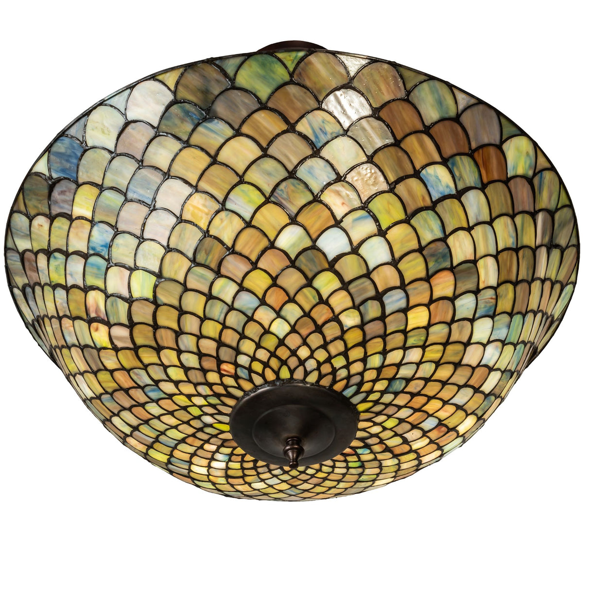 Bottom view displaying the detailed Tiffany fishscale semi-flushmount pattern.