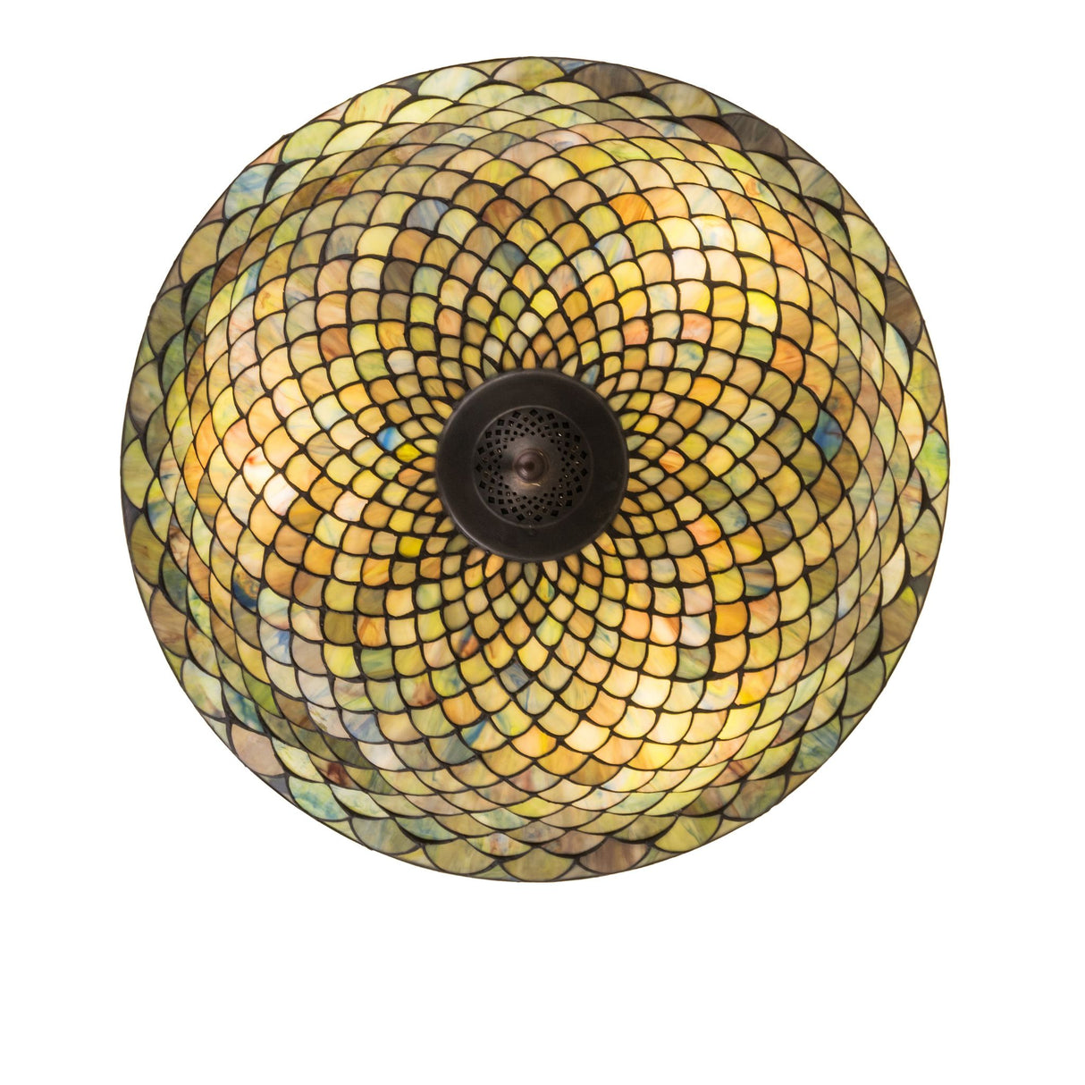 Bottom view of the Tiffany Fishscale Semi-Flushmount showcasing its intricate craftsmanship.
