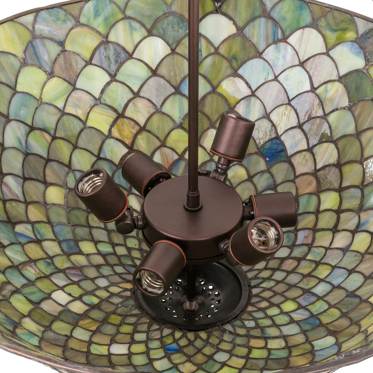 Inner view of the Tiffany Fishscale Semi-Flushmount showing its bulb arrangement.