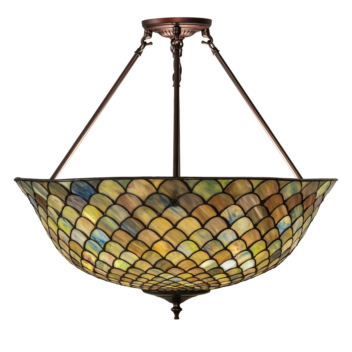 Close-up of the detailed Tiffany fishscale semi-flushmount design.