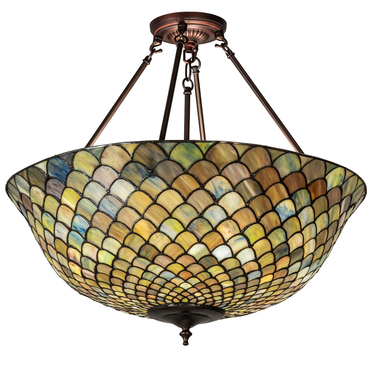 Front view of the Tiffany fishscale semi-flushmount with amber tones.