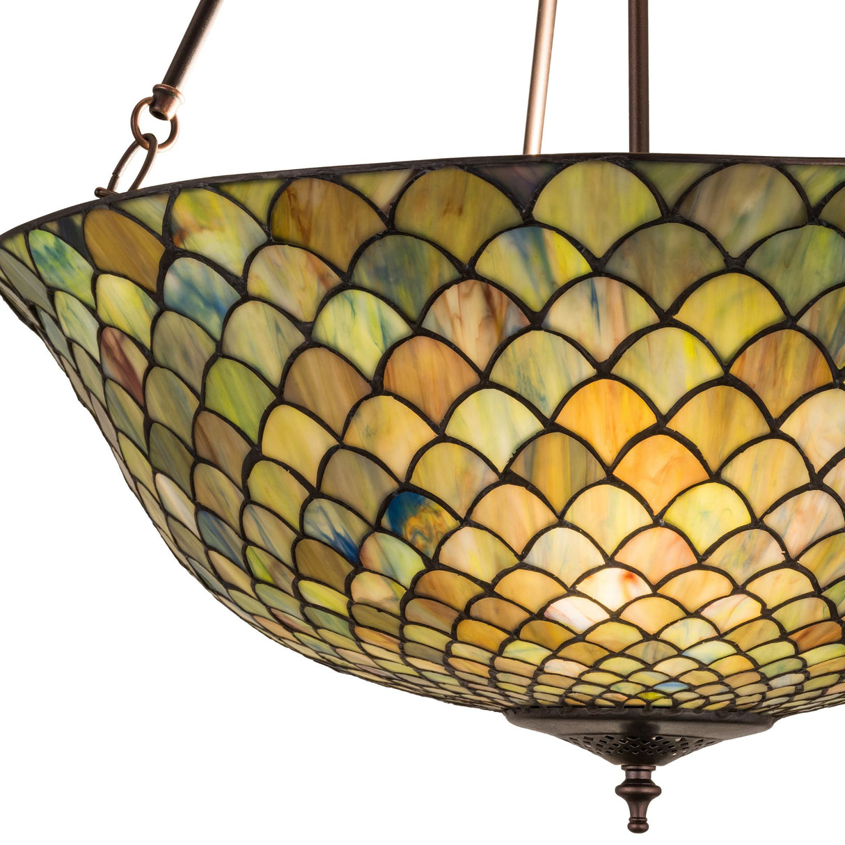 Close-up view of the Tiffany Fishscale Semi-Flushmount's vibrant stained glass pattern.