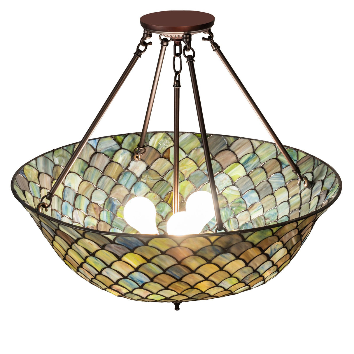 Tiffany fishscale semi-flushmount lit up with warm illumination.