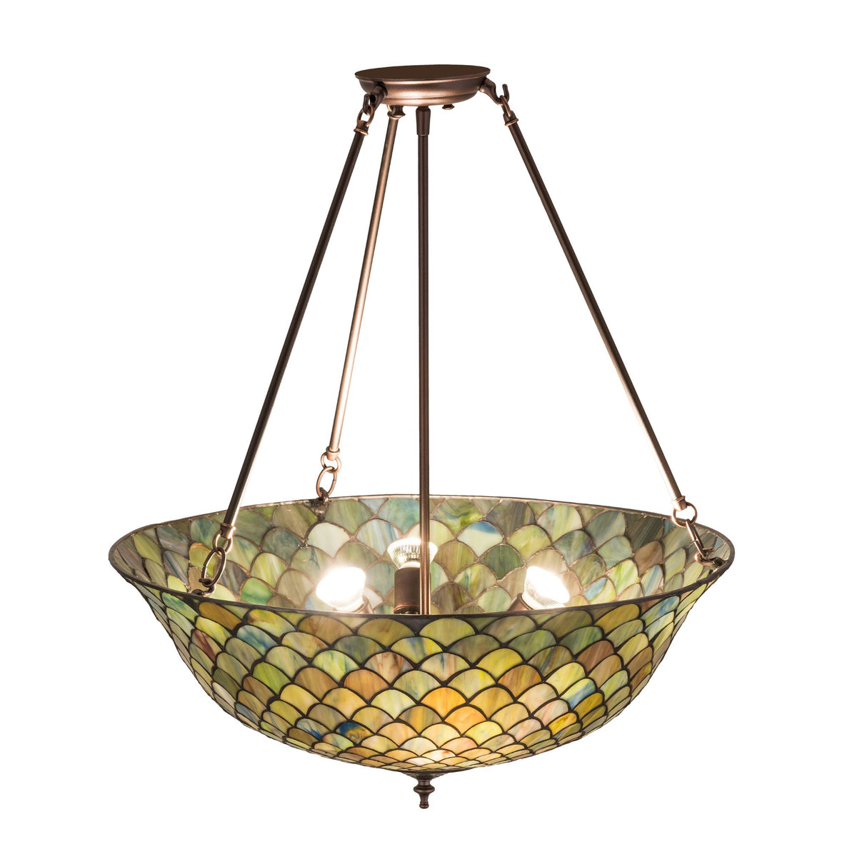 Illuminated Tiffany Fishscale Semi-Flushmount showcasing its colorful stained glass glow.