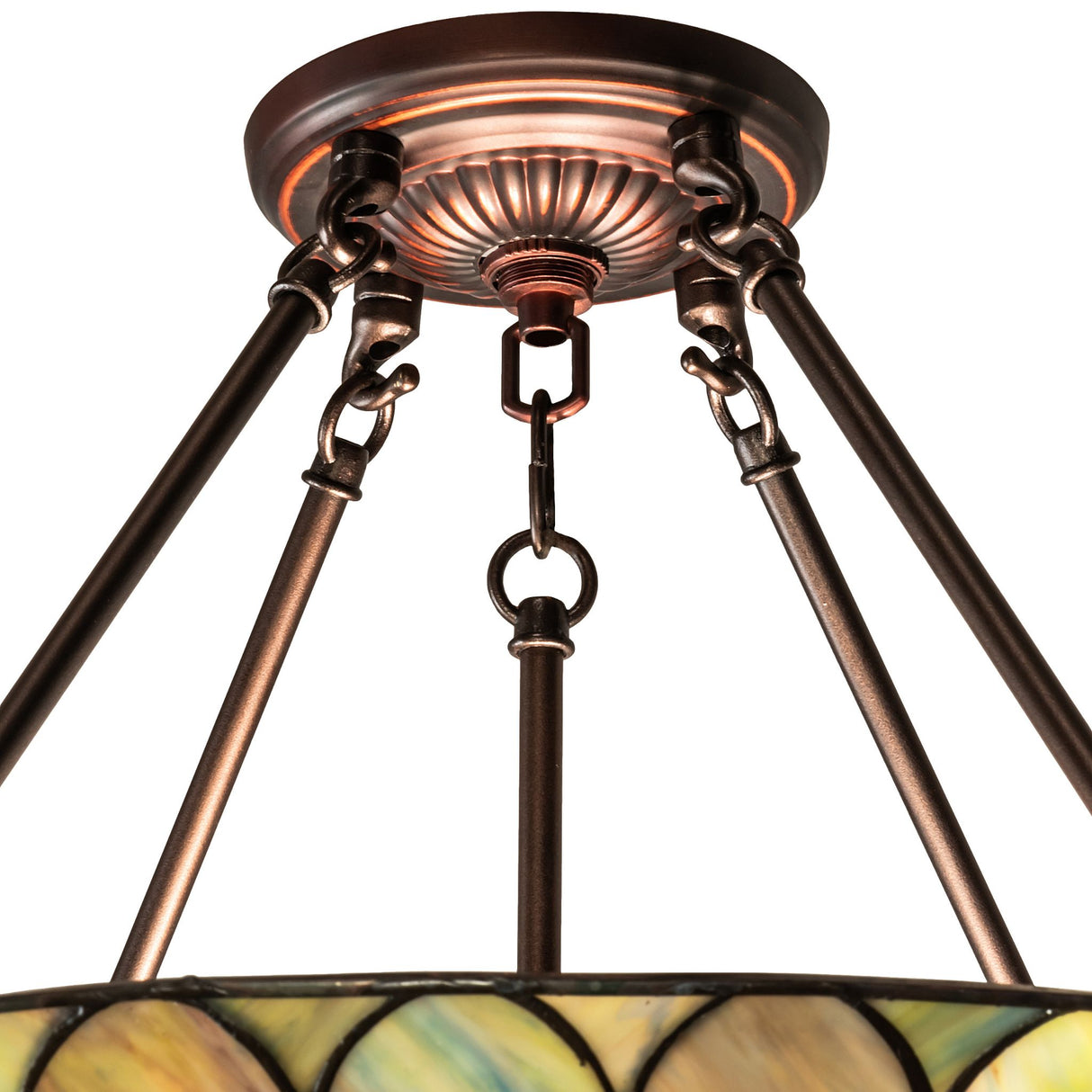 Detailed look at the Tiffany fishscale semi-flushmount’s mounting hardware.