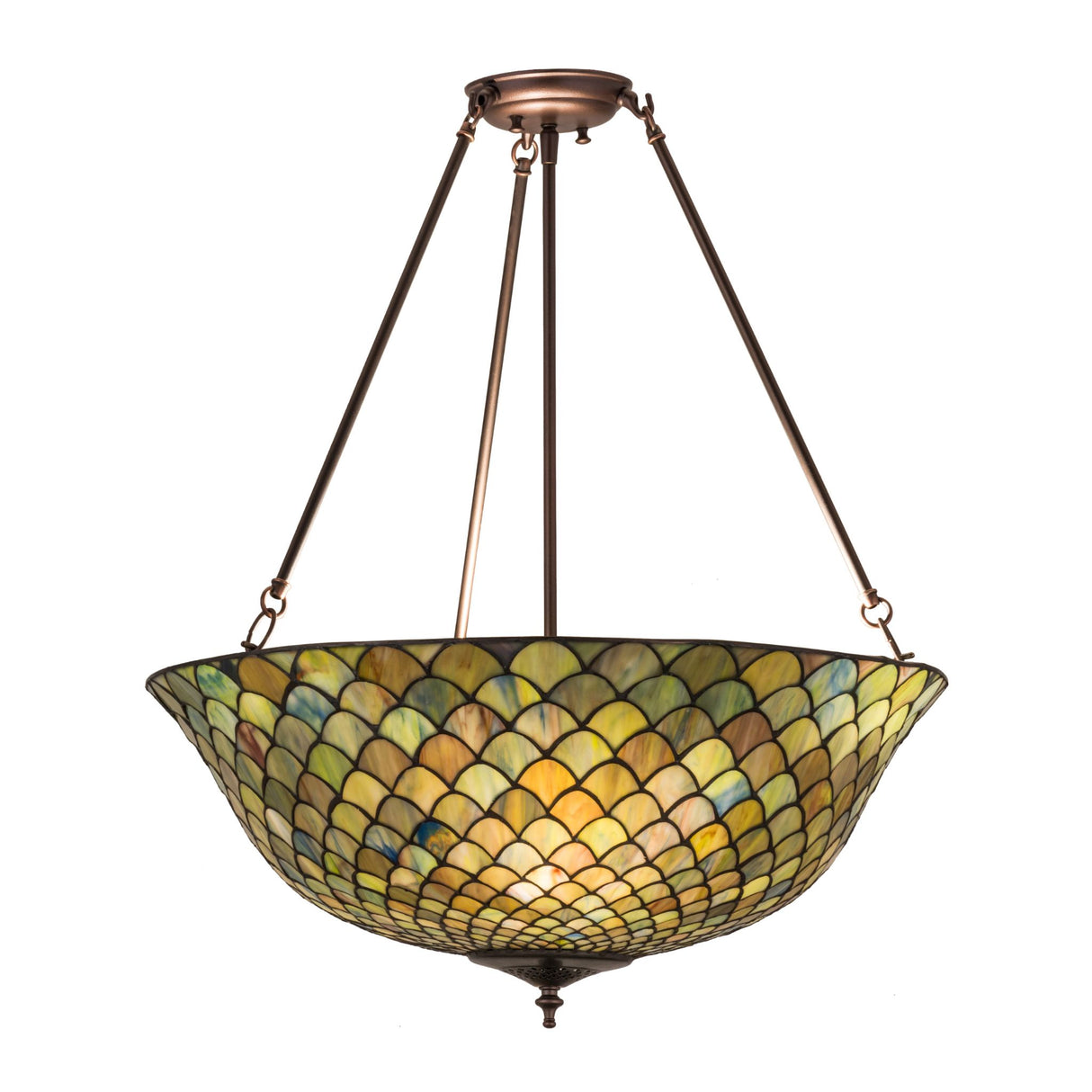 Front view of the Tiffany Fishscale Semi-Flushmount featuring vibrant glass patterns.