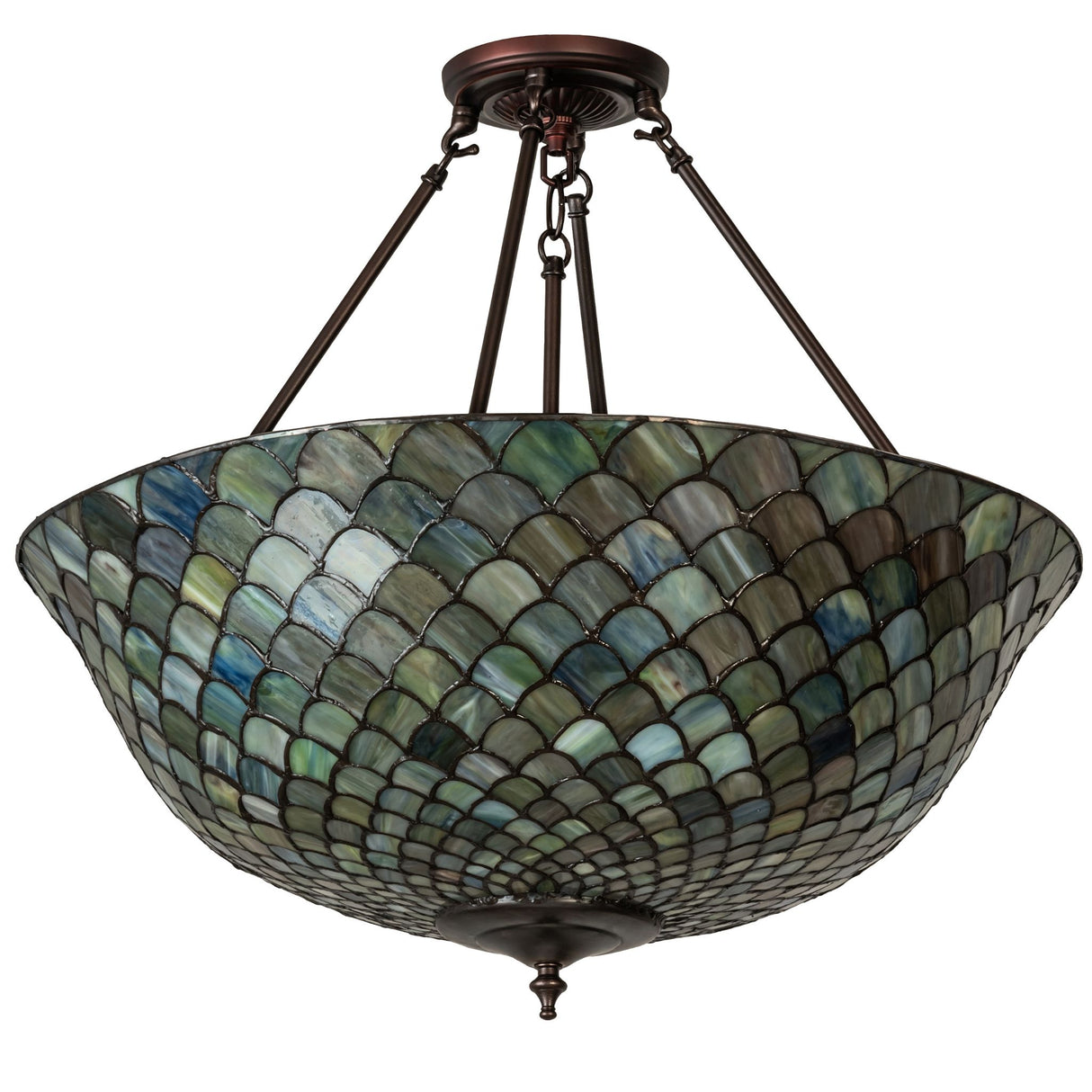 Side view highlighting the Tiffany fishscale semi-flushmount design.