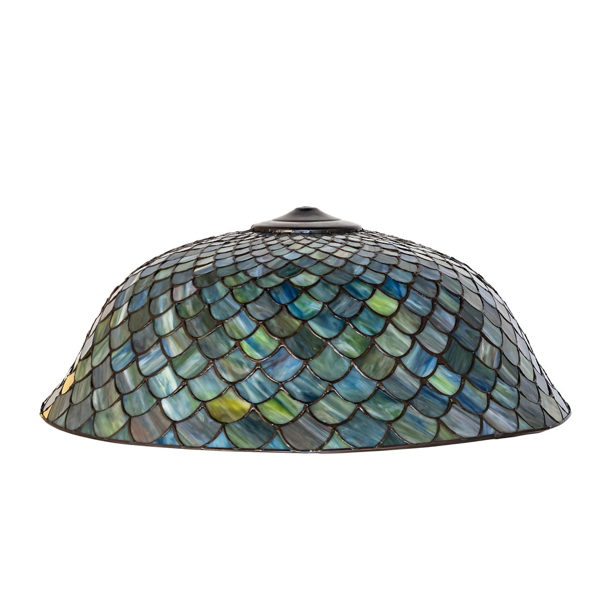Side view of the Tiffany Fishscale shade in green and amber tones.