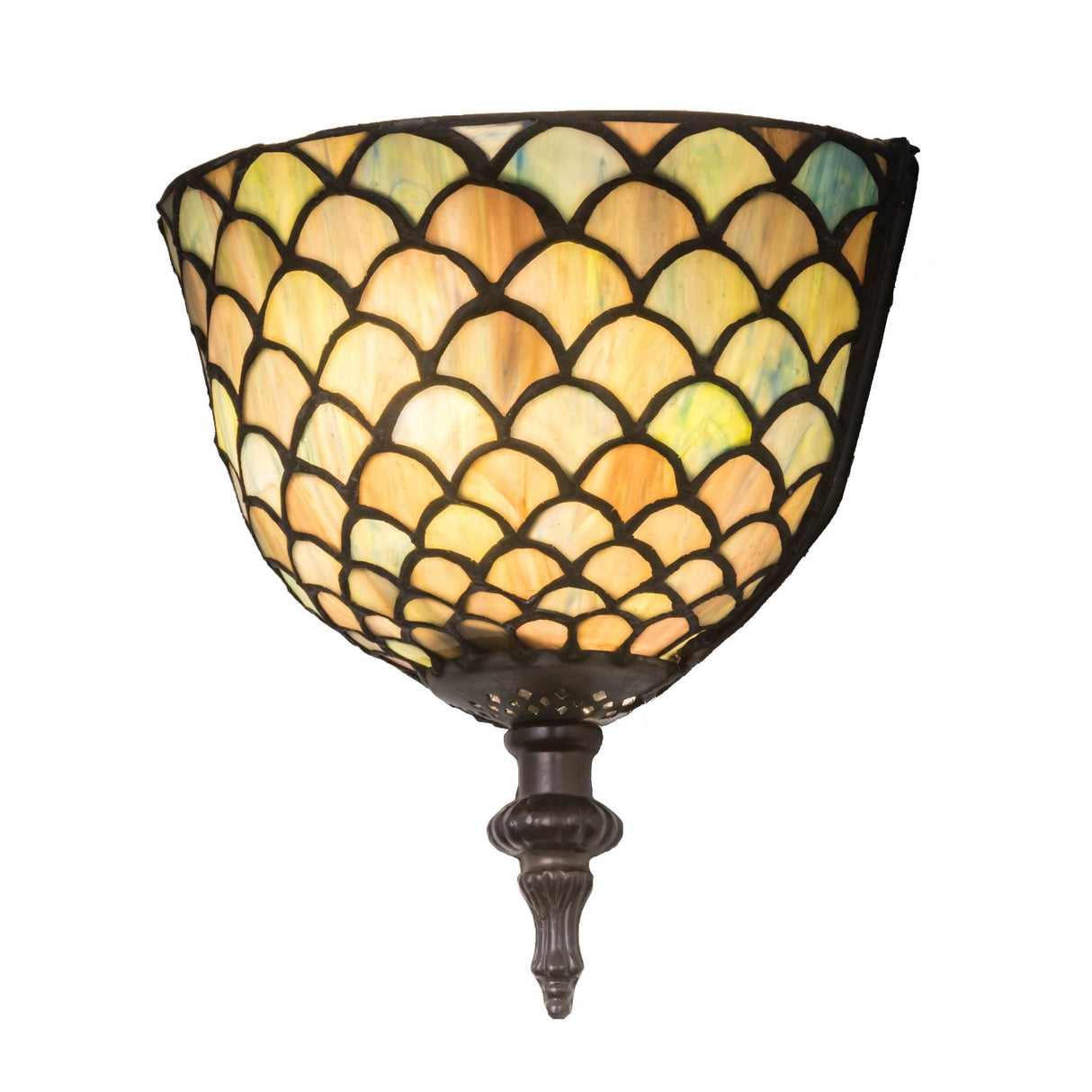 Front view of Tiffany Fishscale Wall Sconce with intricate honey-colored scales.