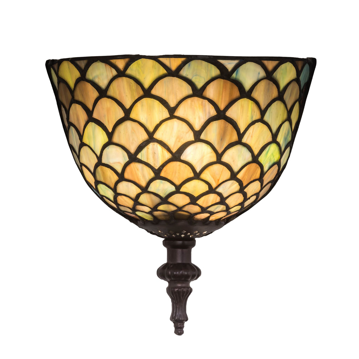 Lit view of Tiffany Fishscale Wall Sconce highlighting warm honey and emerald tones.
