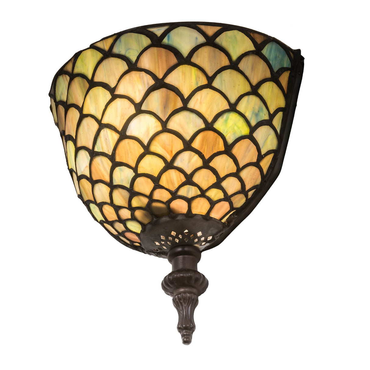 Side angle showcasing the scalloped glass details of the Tiffany Fishscale Wall Sconce.