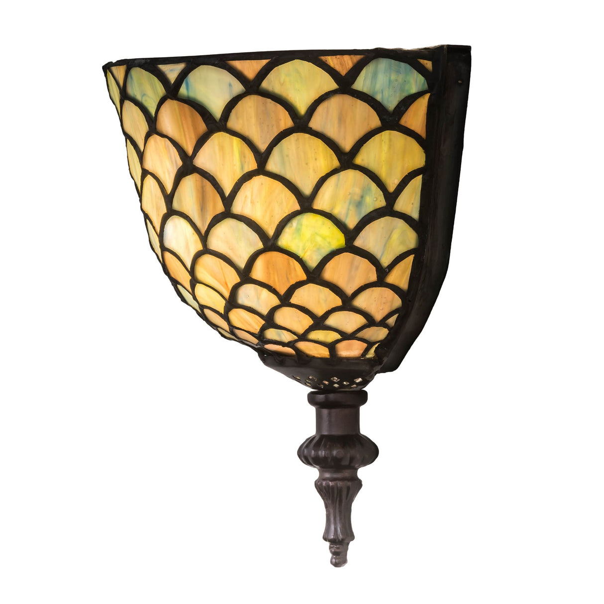 Side view of the Tiffany Fishscale wall sconce highlighting its dimensional glass design and Mahogany Bronze hardware.