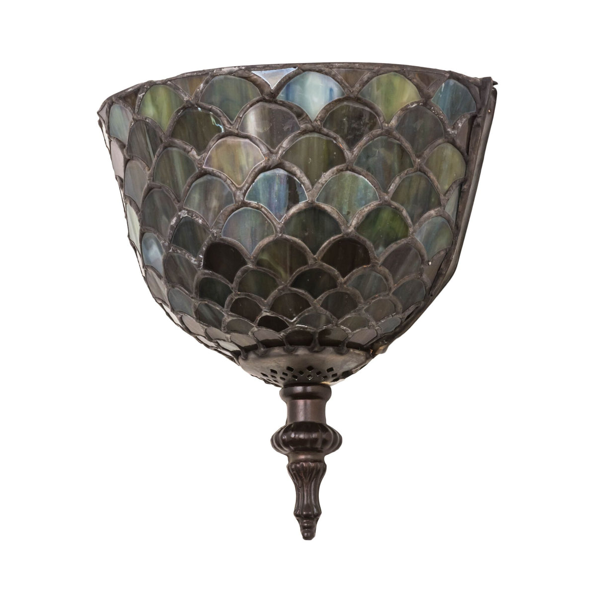 Unlit view of the Tiffany Fishscale wall sconce showcasing its intricate art glass pattern.