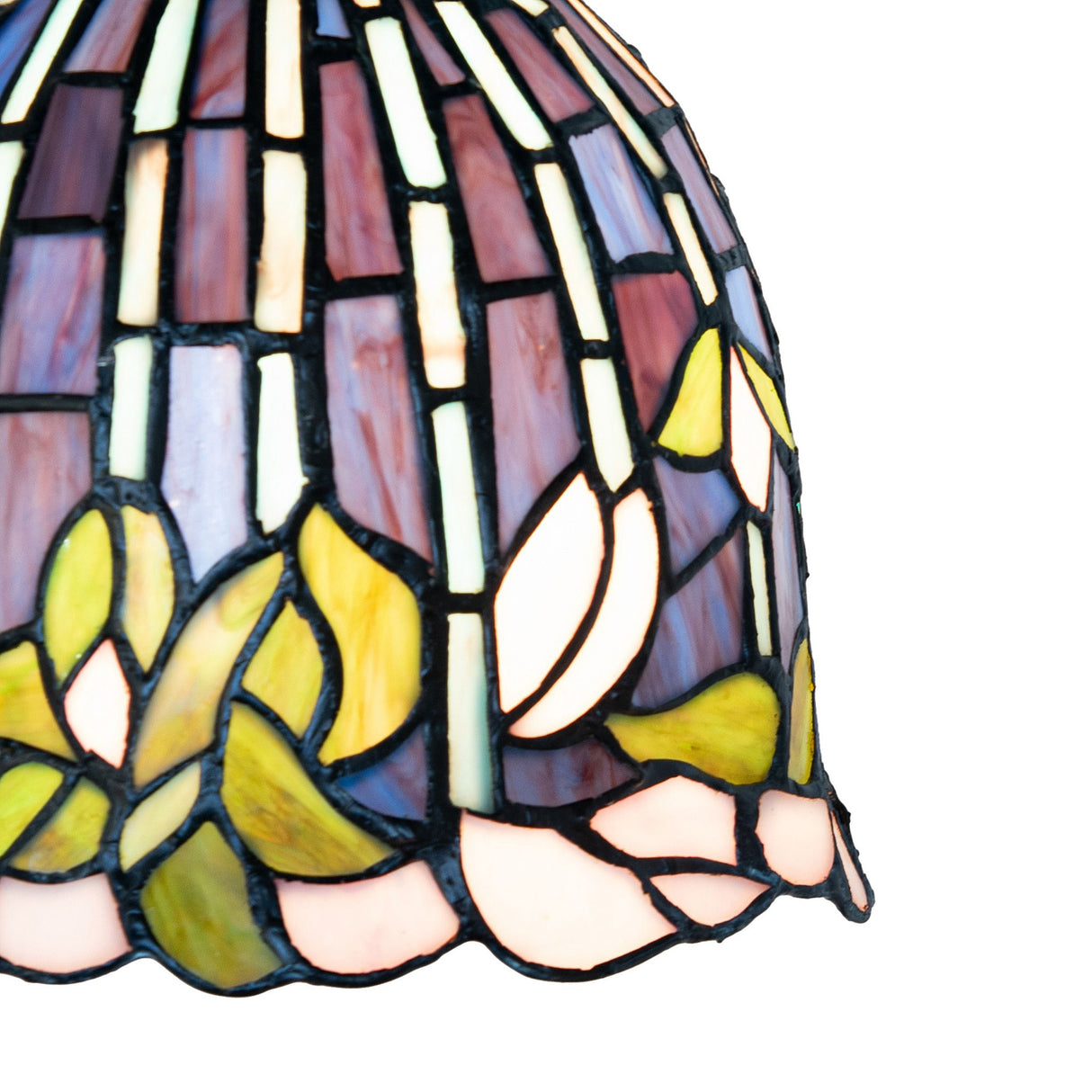 detailed glass view of red, yellow, and pink petals on tiffany flowering lotus flushmount.
