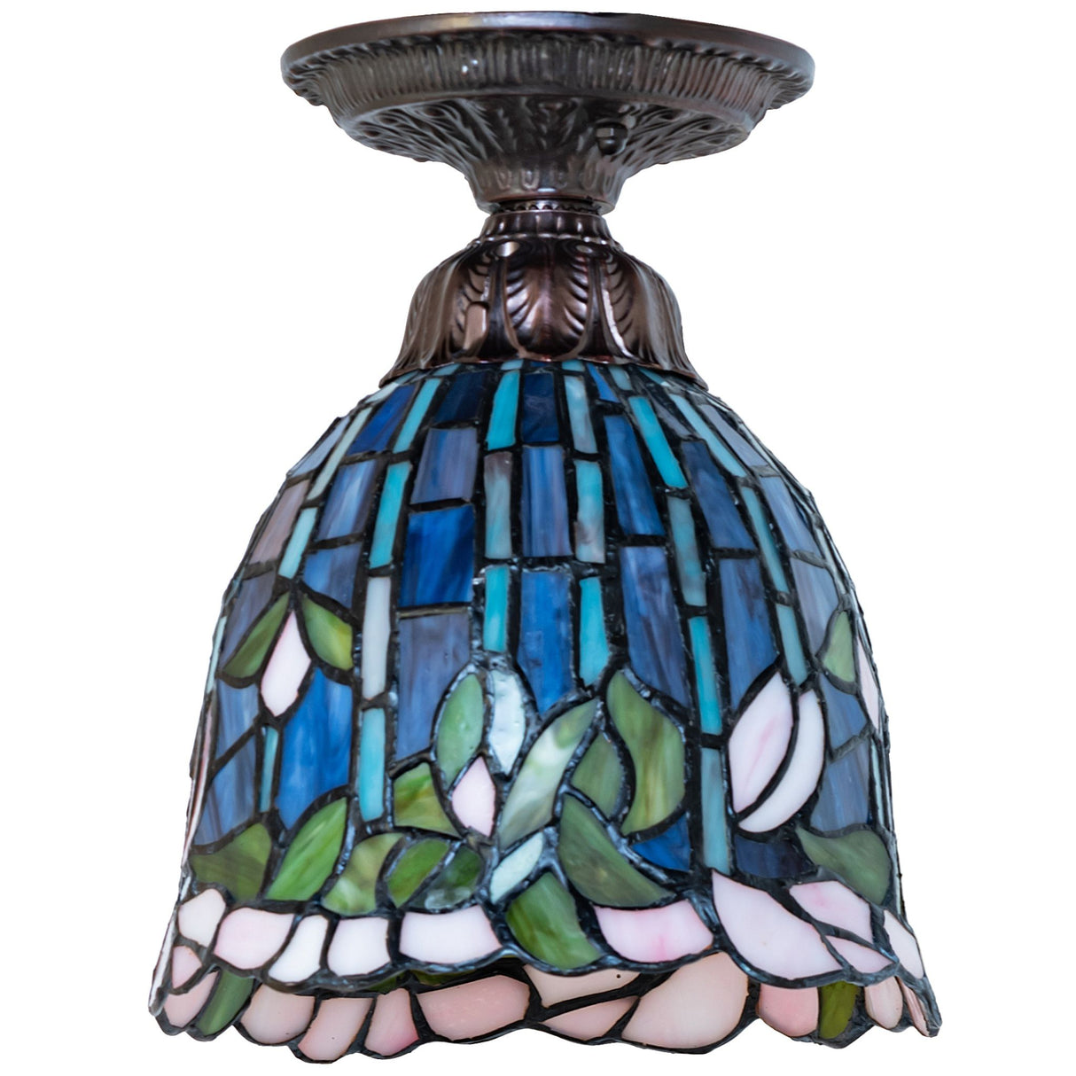 tiffany flowering lotus flushmount with lights off, highlighting floral detail.
