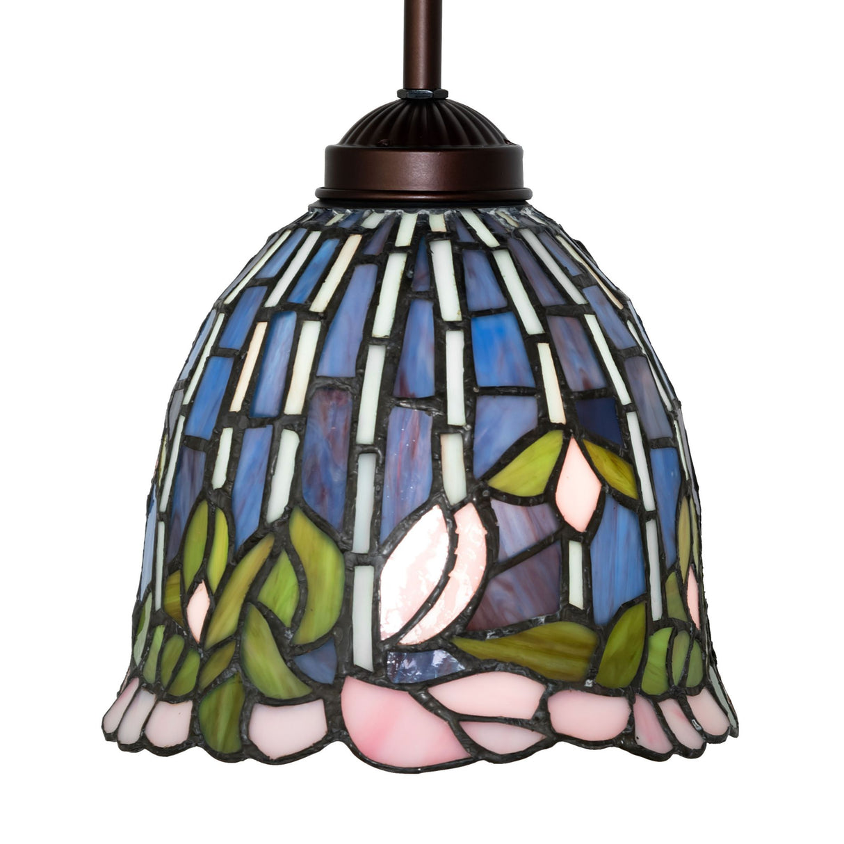 Alternate view of Tiffany Flowering Lotus Mini Pendant displaying cobalt and pink floral patterns.