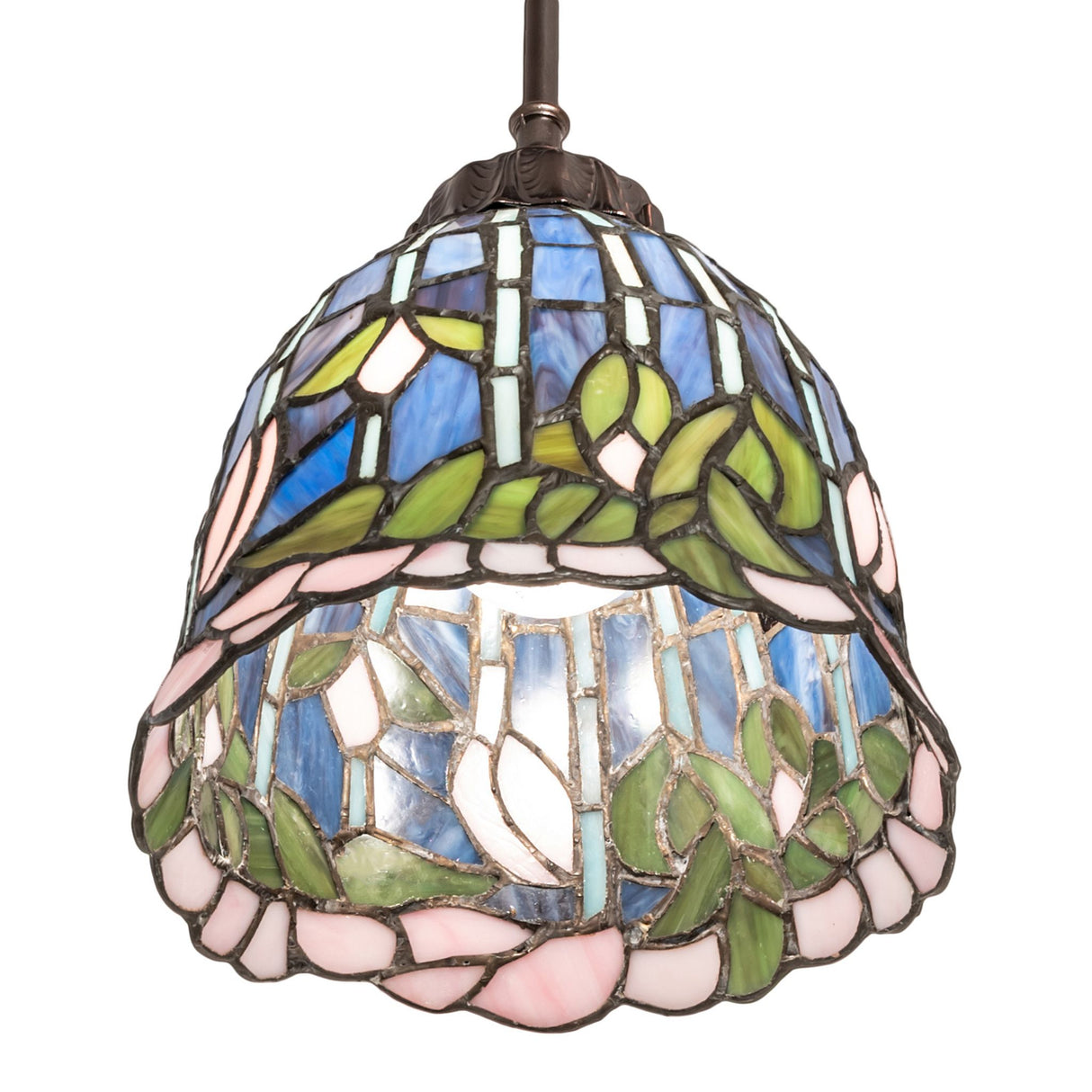 Close-up view of Tiffany Flowering Lotus Mini Pendant featuring intricate stained glass.