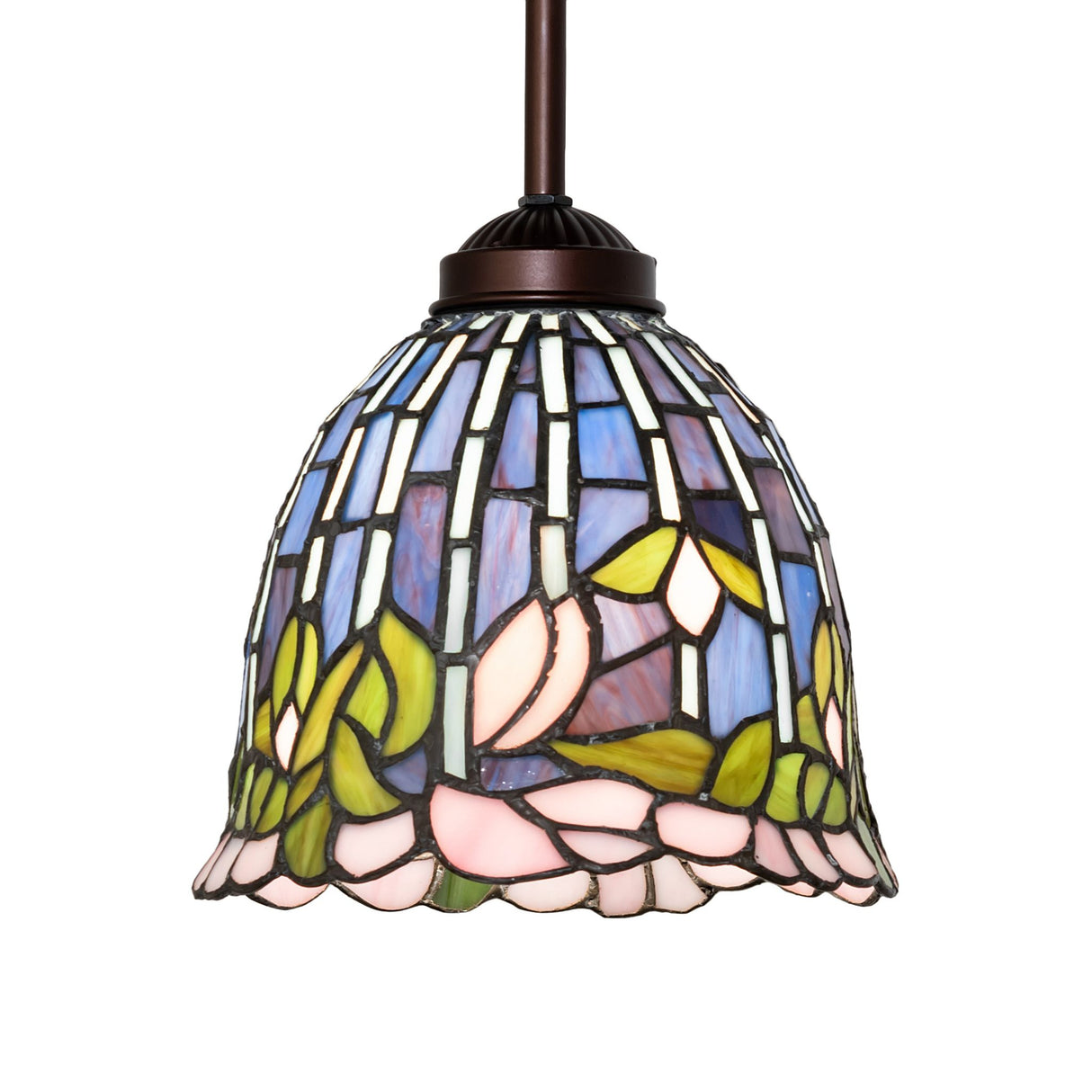 Front view of the Tiffany Flowering Lotus Mini Pendant with vibrant stained glass.