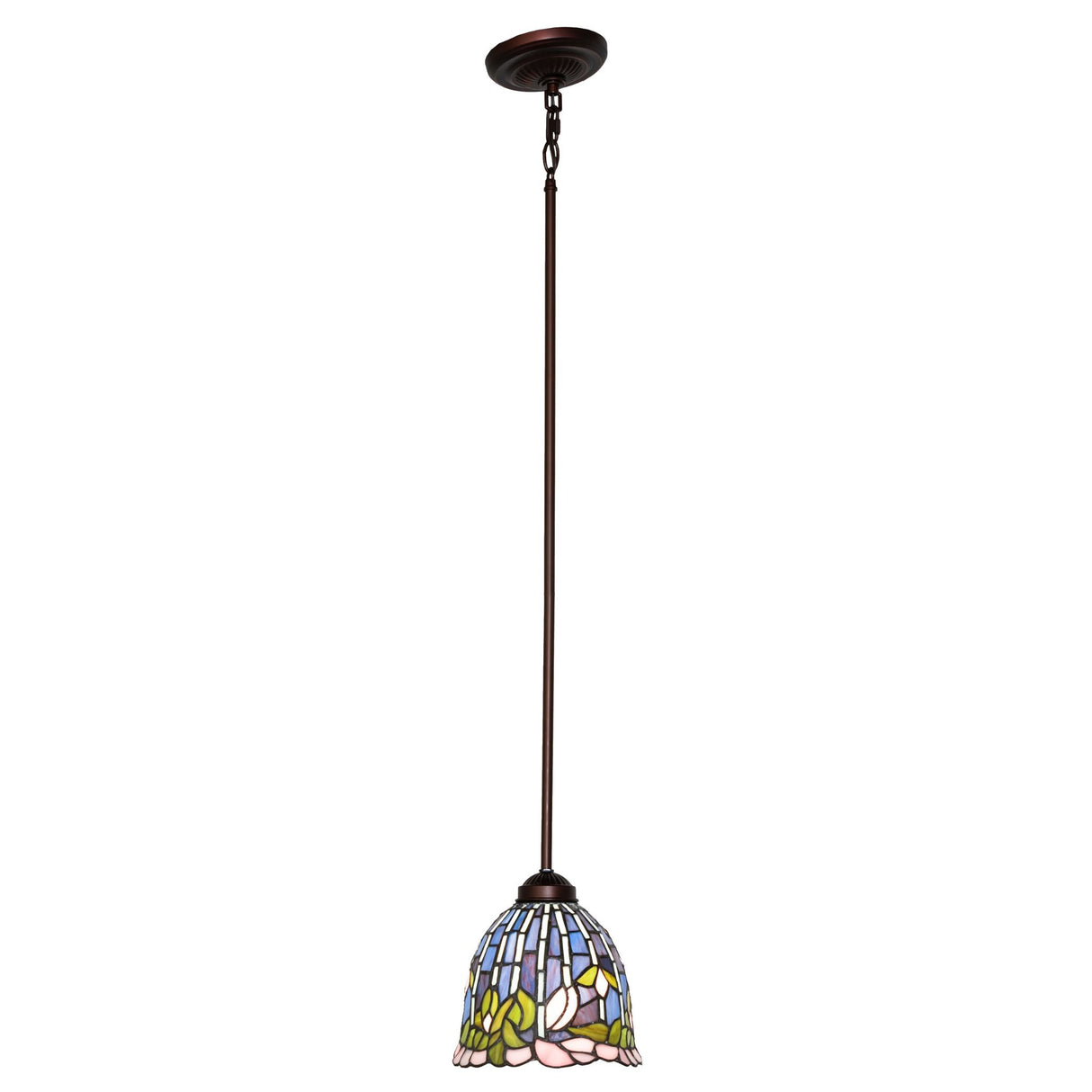 Full-length view of Tiffany Flowering Lotus Mini Pendant with adjustable suspension rod.