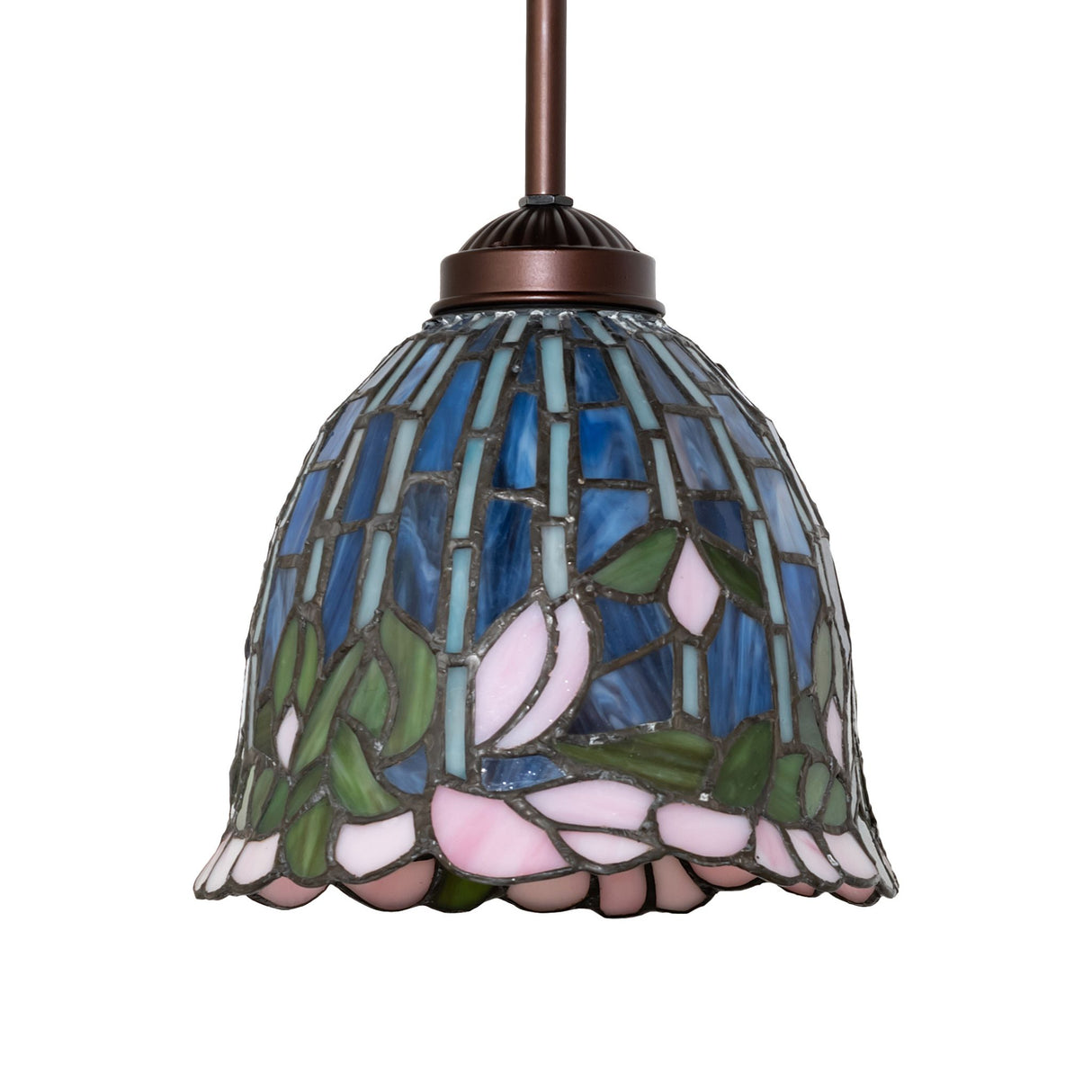 Side view of Tiffany Flowering Lotus Mini Pendant showcasing intricate floral glass design.