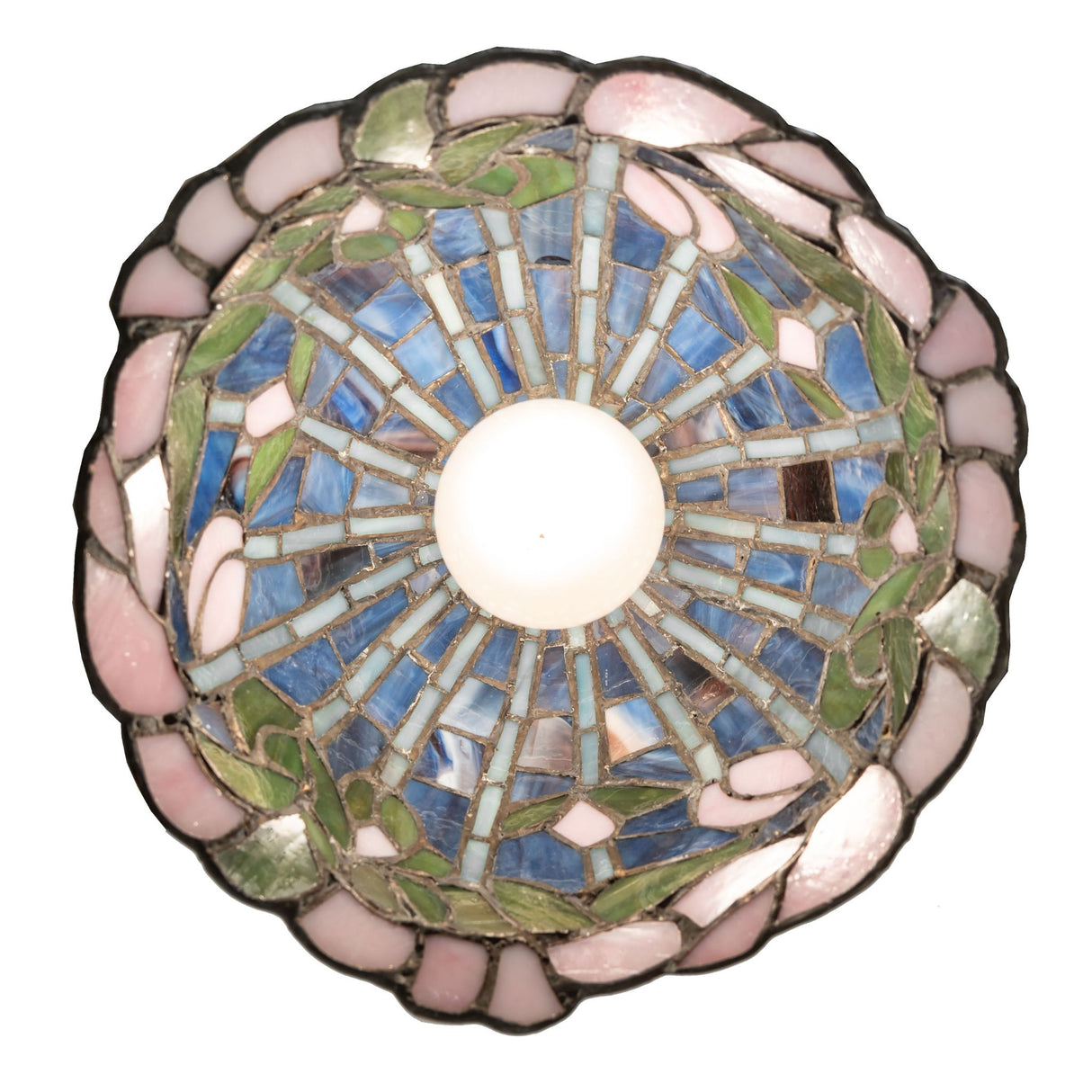 Top view displaying the patterned stained glass of the Tiffany Flowering Lotus Mini Pendant.