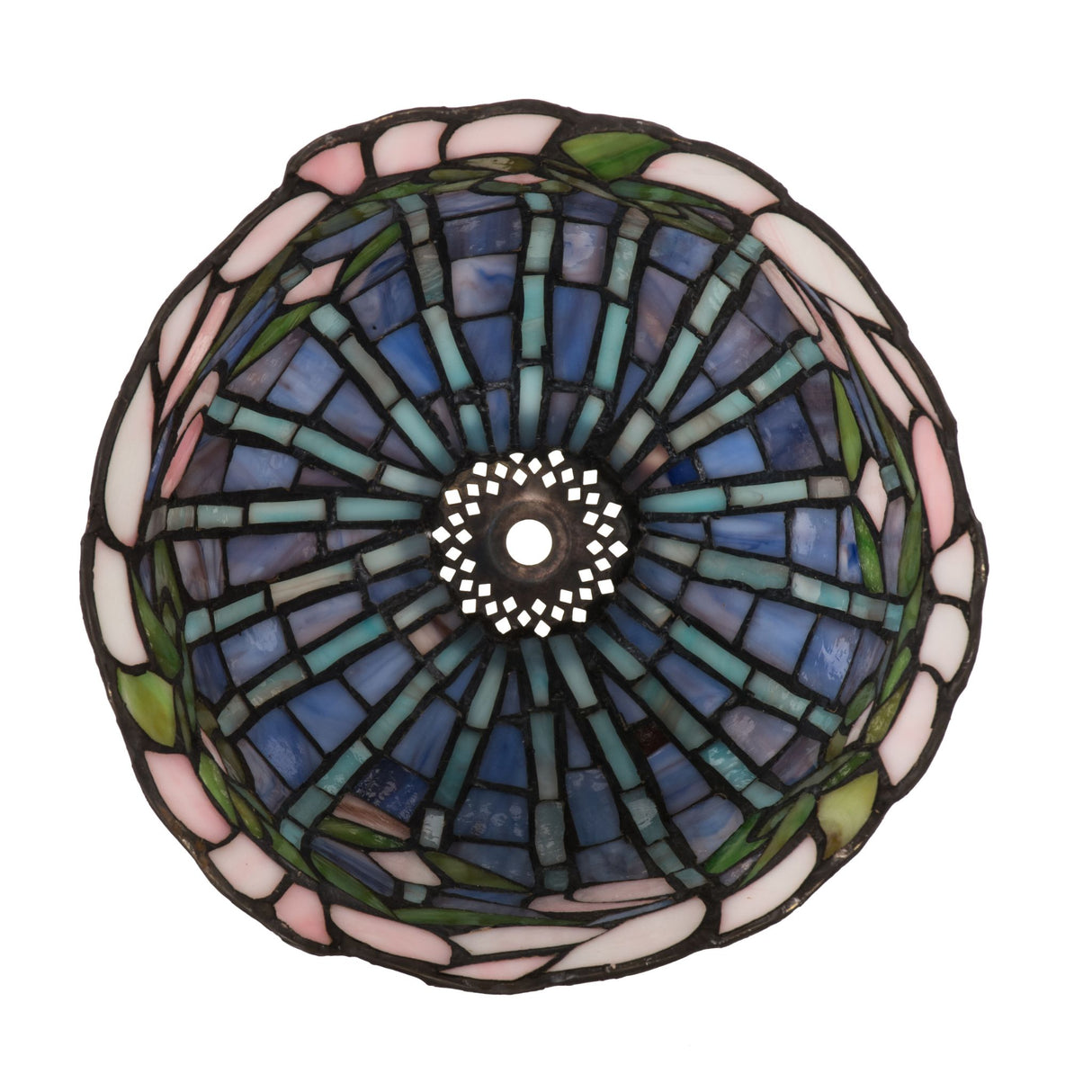 bottom view of tiffany flowering lotus shade with stained glass artistry.