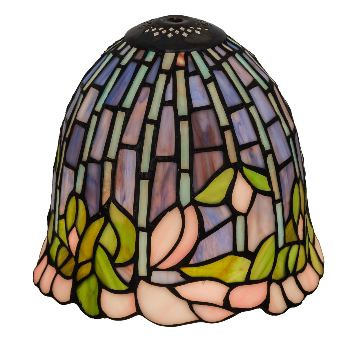 front view of tiffany flowering lotus shade with pink and green stained glass petals.