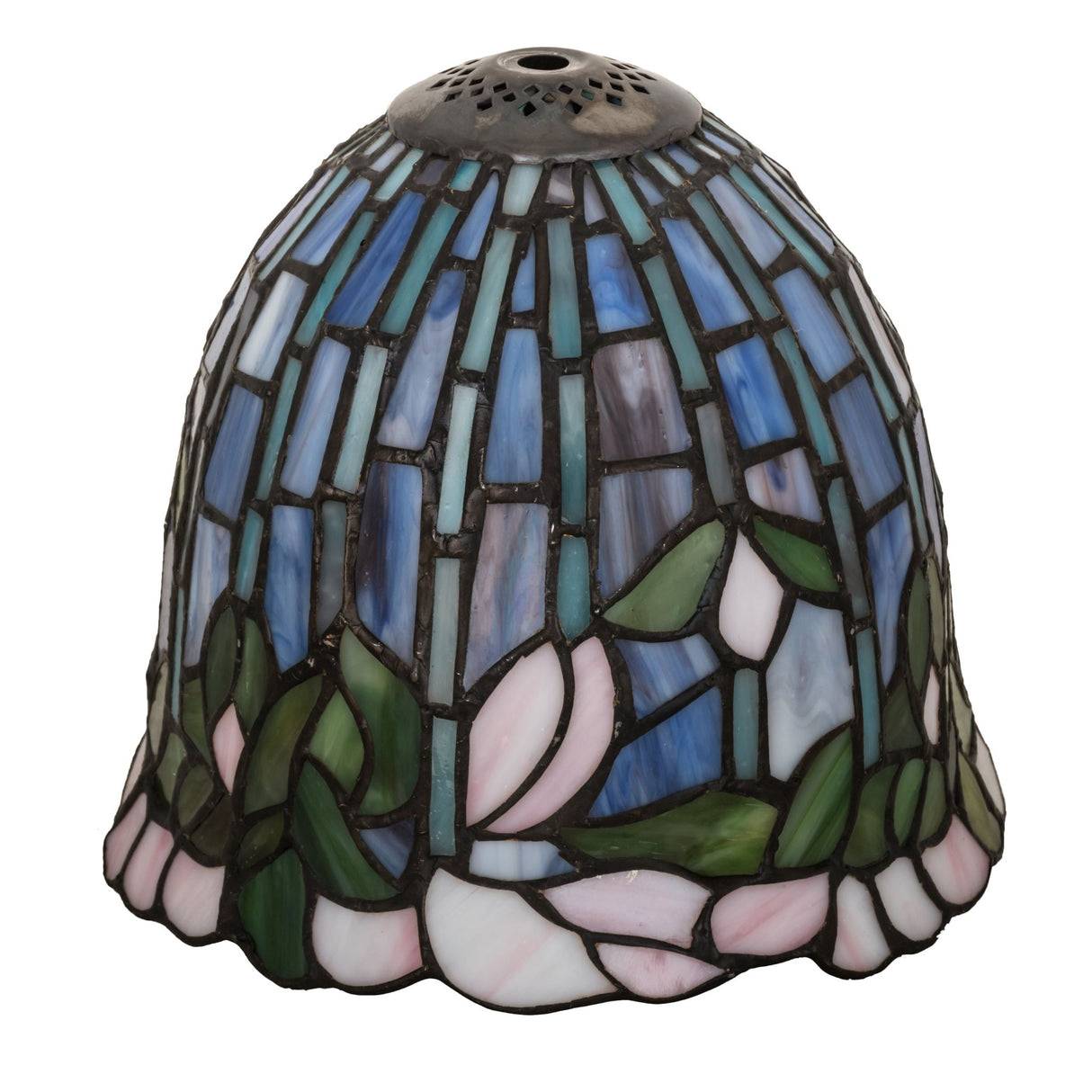 unlit tiffany flowering lotus shade highlighting its delicate glass details.